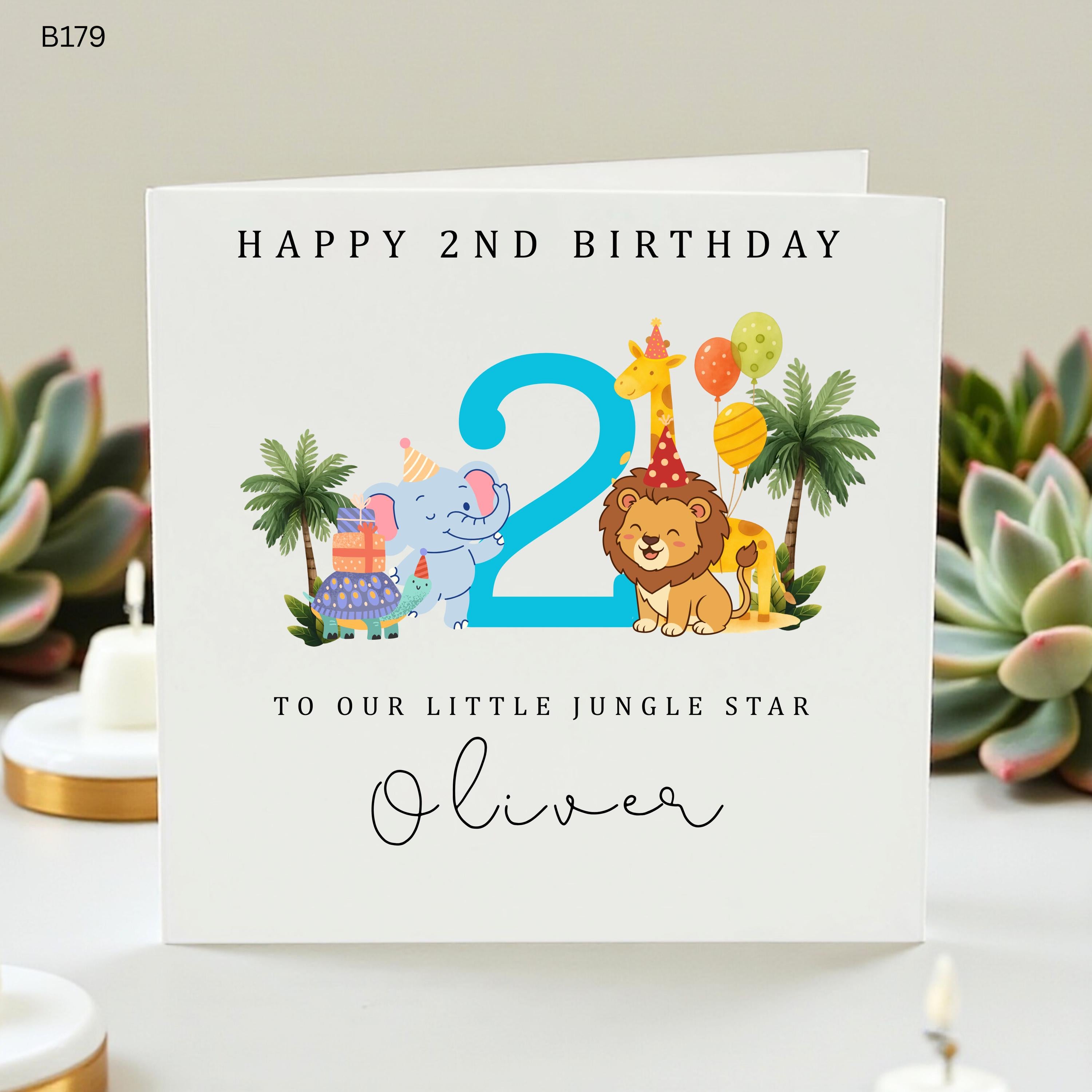 Personalized Jungle 2nd Birthday Card for Boy, Custom Name Safari Animals Birthday Card, Two Wild Birthday Card Oliver Jungle Star, Elephant