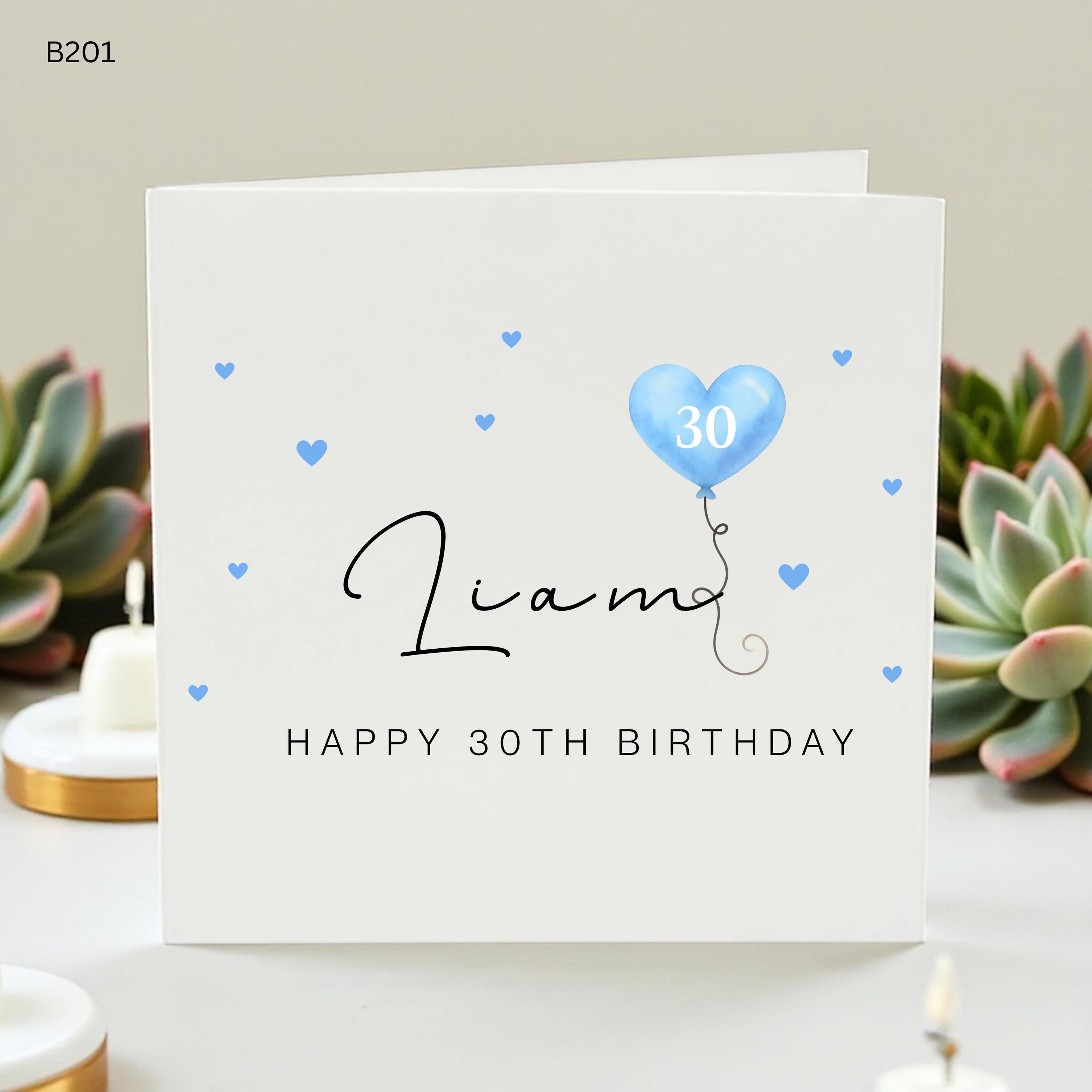 Personalized 30th Birthday Card for Him, Custom Name Birthday Card Liam, Blue Heart Balloon Card for Son Brother Friend, Simple Modern Card