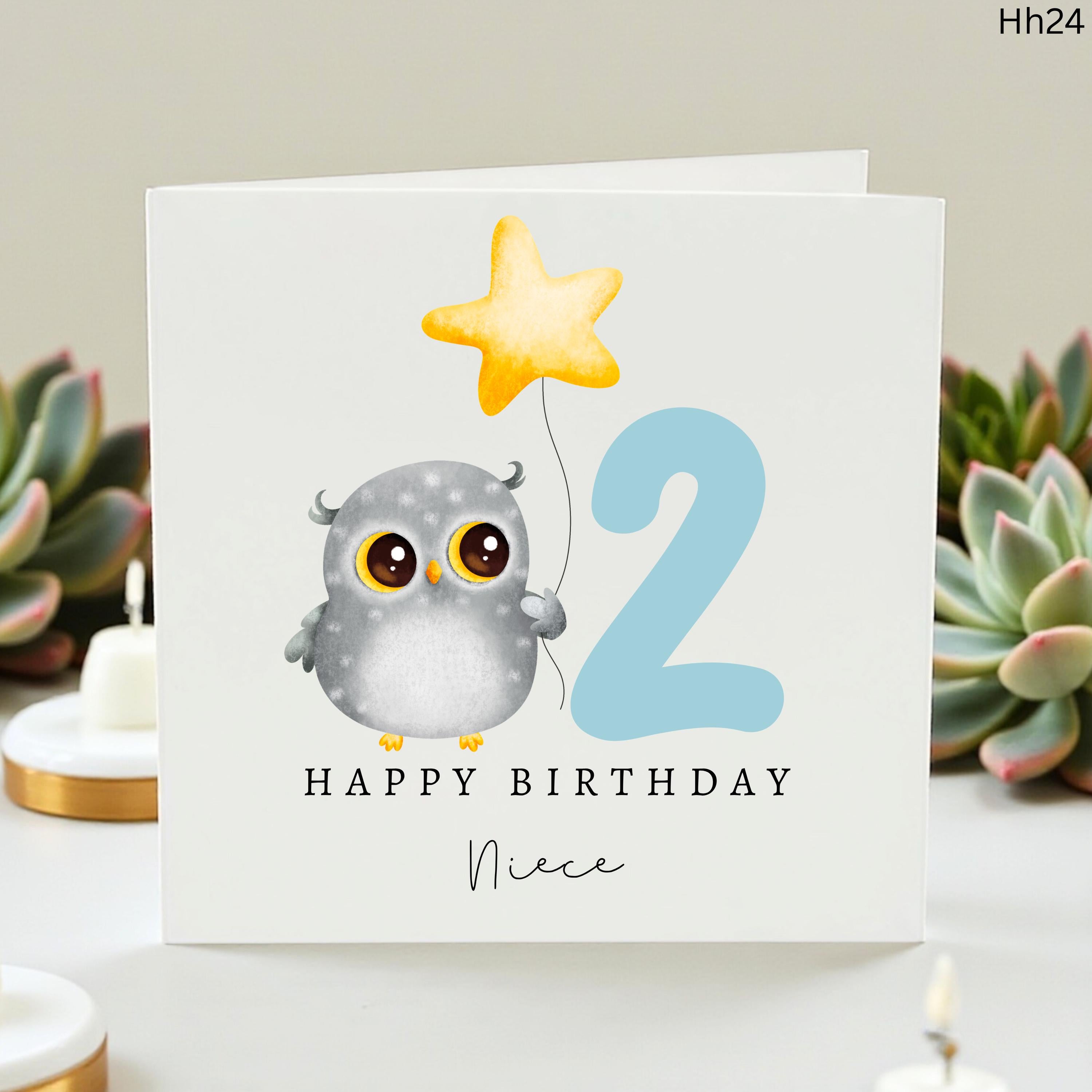 Cute 2nd Birthday Card for Niece, Happy Birthday Niece Age 2, Owl Birthday Card with Star Balloon, Second Birthday Greeting Card for Her