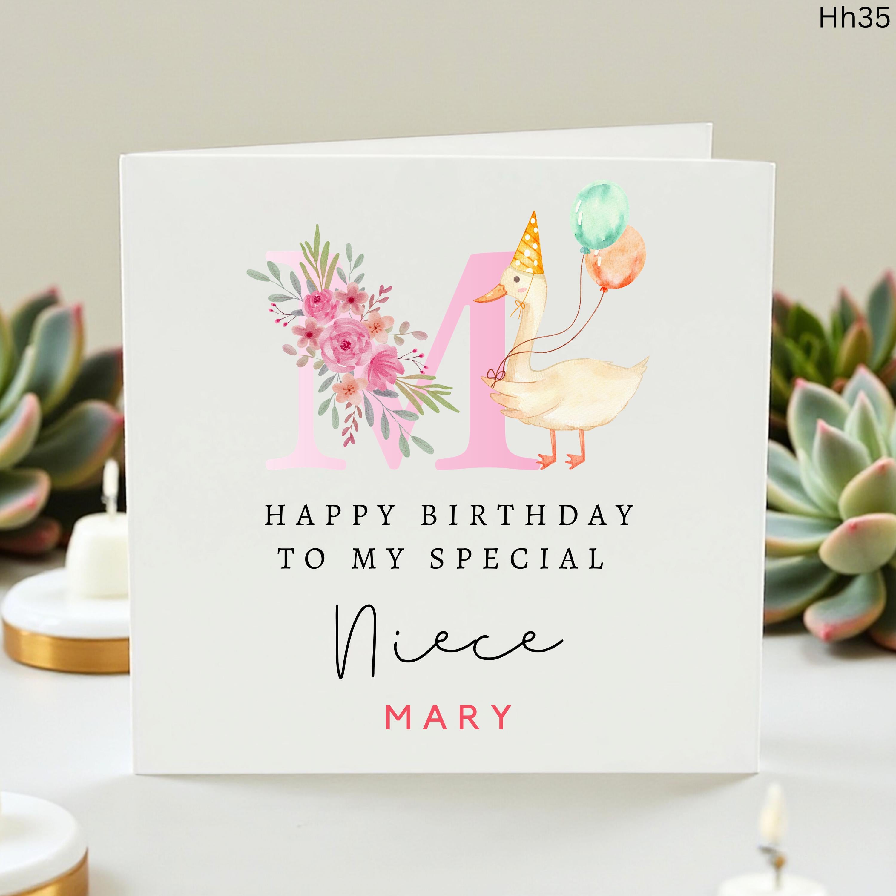 Personalized Niece Birthday Card with Duck and Flowers, Custom Name and Initial Birthday Card for Her, Watercolor Floral Girl Birthday Card