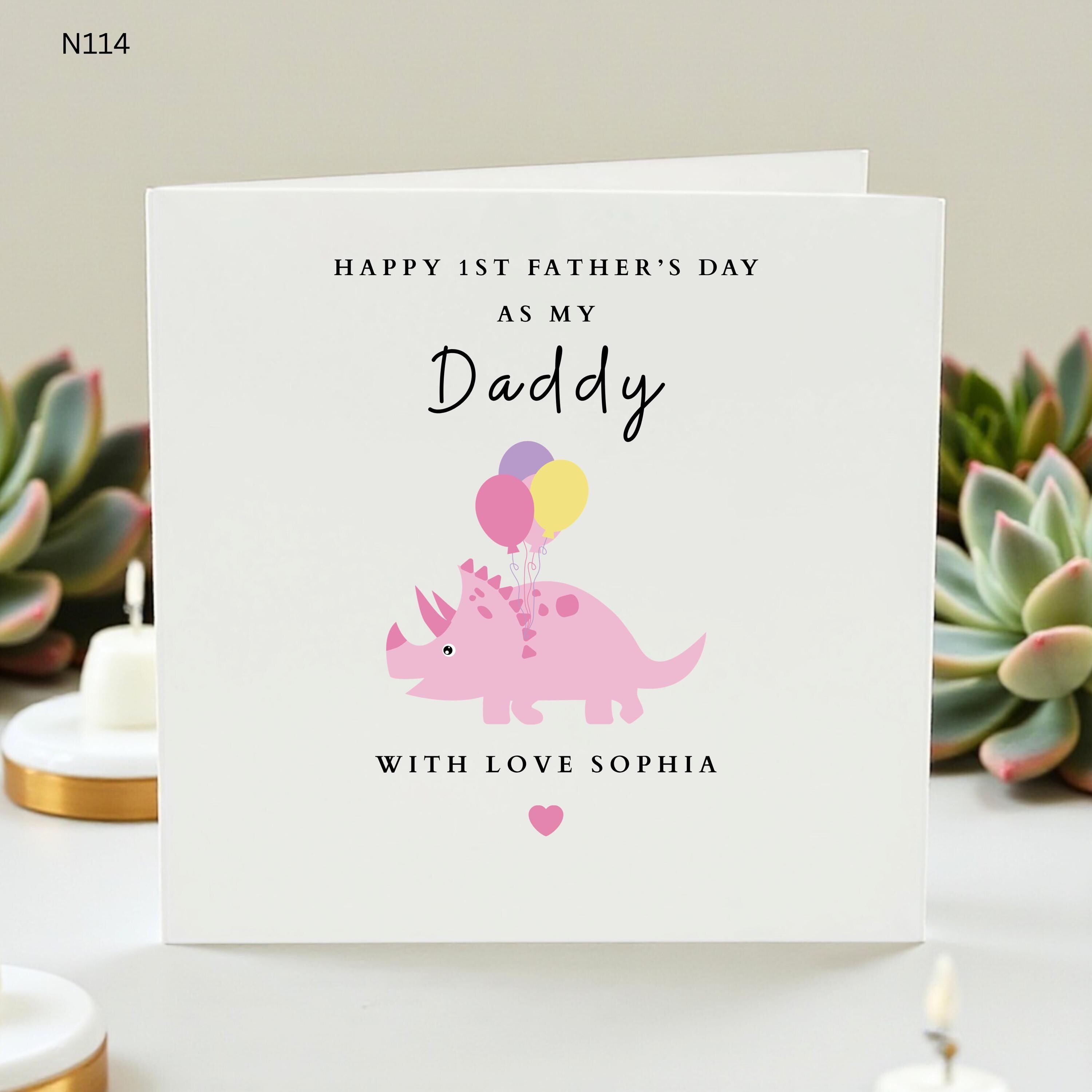 Personalized 1st Father's Day Card for Daddy, Cute Dinosaur Card from Daughter, Custom Name First Father's Day Gift, New Dad Card from Baby