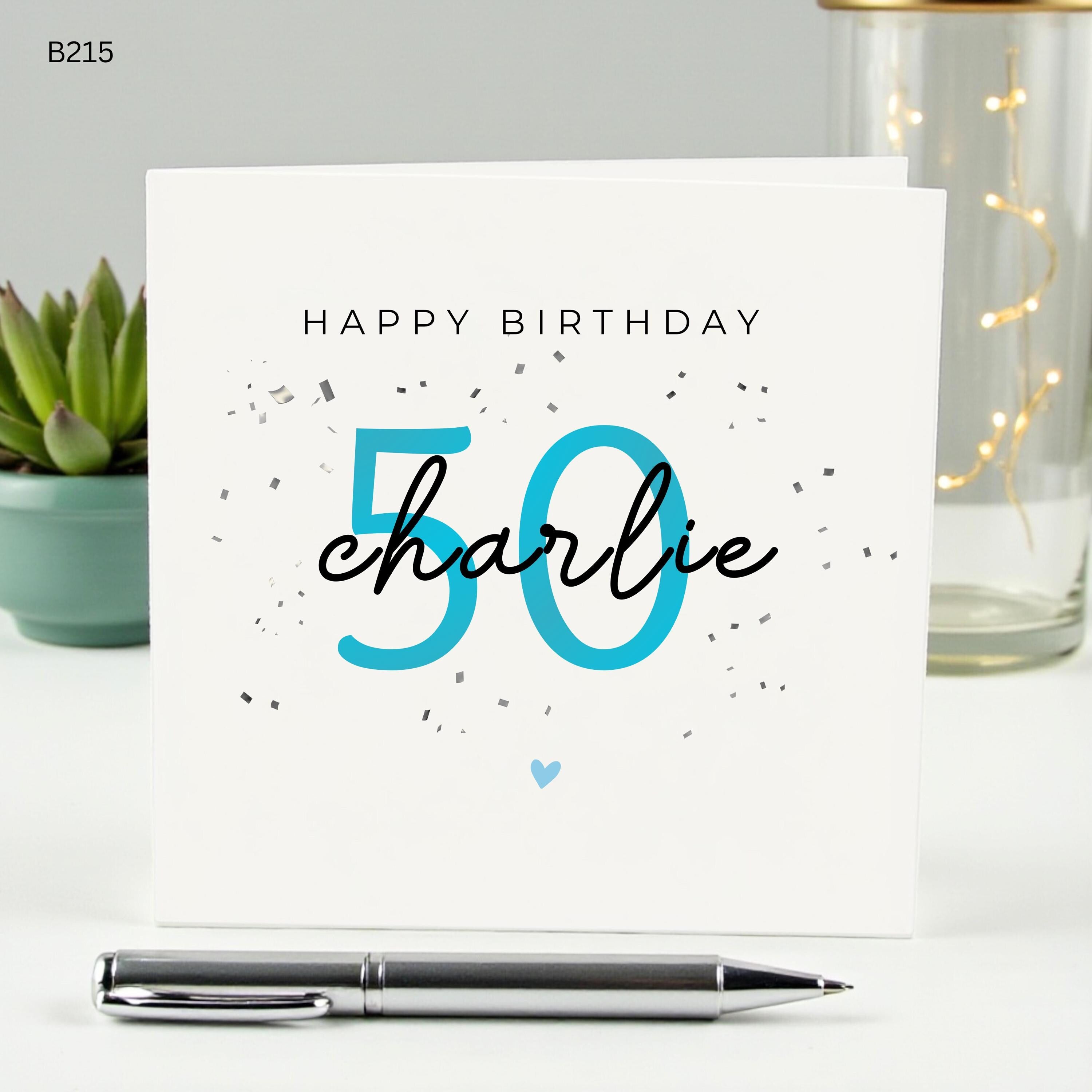 Personalized 50th Birthday Card for Him, Custom Name Age 50 Card for Men, Happy Birthday Charlie Card, Blue Milestone Birthday Gift for Dad