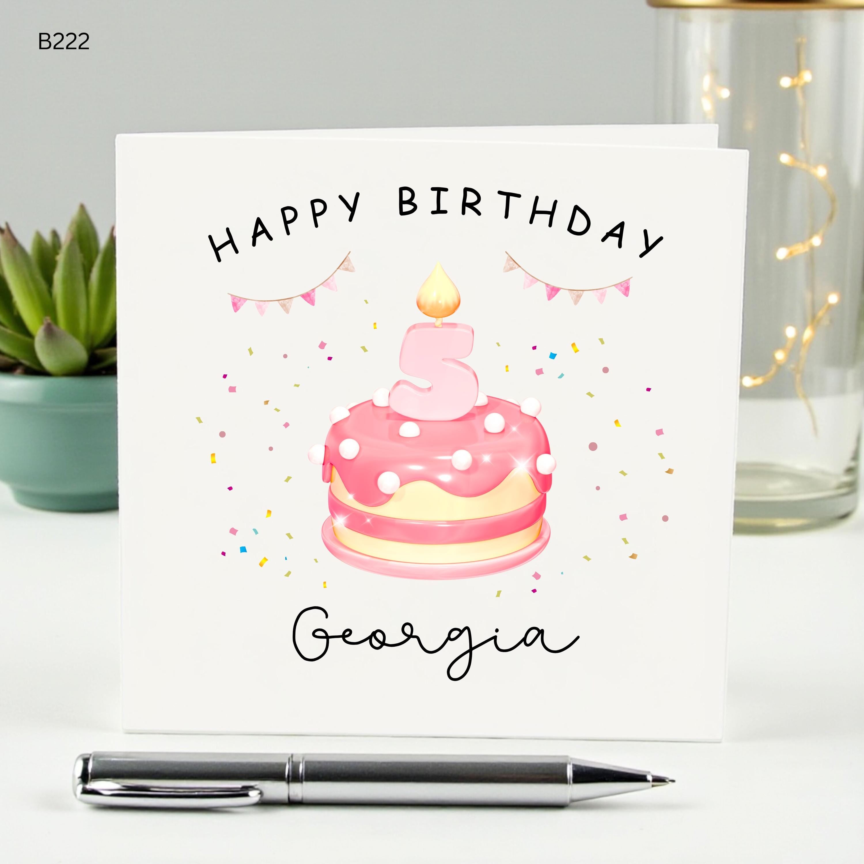 Personalized 5th Birthday Card for Girls, Custom Name Age 5 Birthday Card, Happy Birthday , Pink Cake and Bunting Illustration