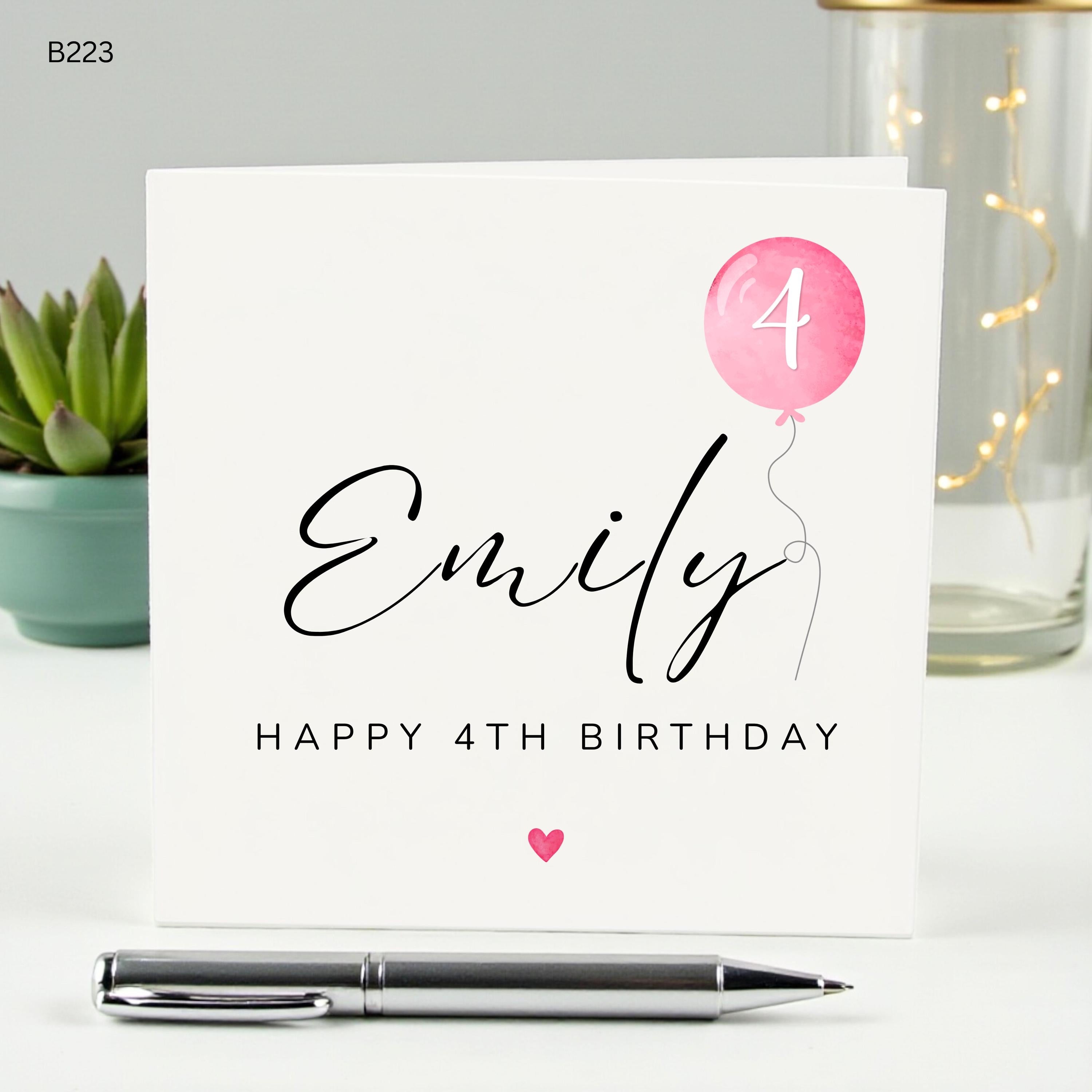 Personalized 4th Birthday Card for Her, Custom Name Age 4 Birthday Card, Happy 4th Birthday Emily, Pink Watercolor Balloon Card,