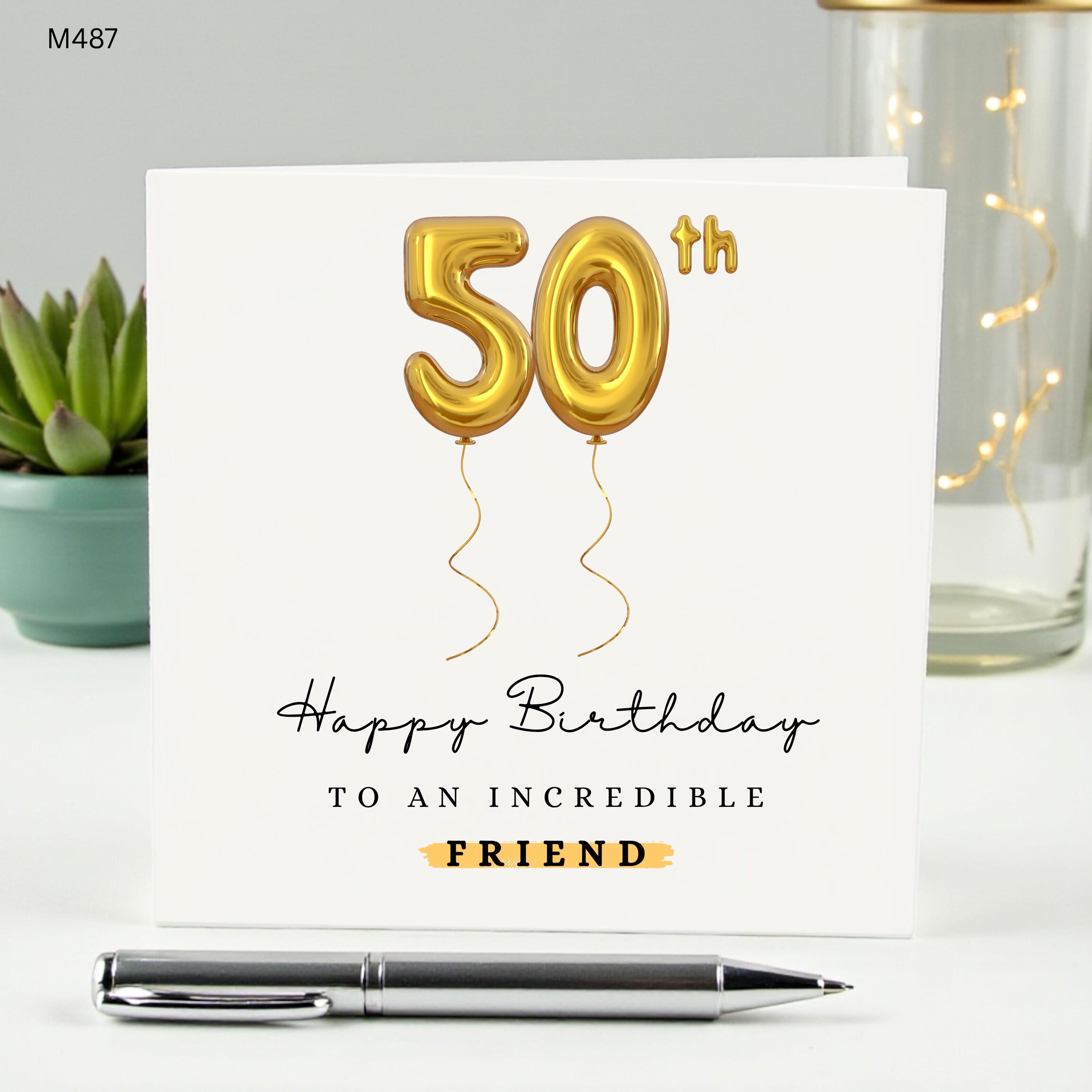 50th Birthday Card for Friend, Gold Foil Balloon Birthday Card, Happy 50th Birthday Gift for Her or Him, Elegant Milestone Birthday Card