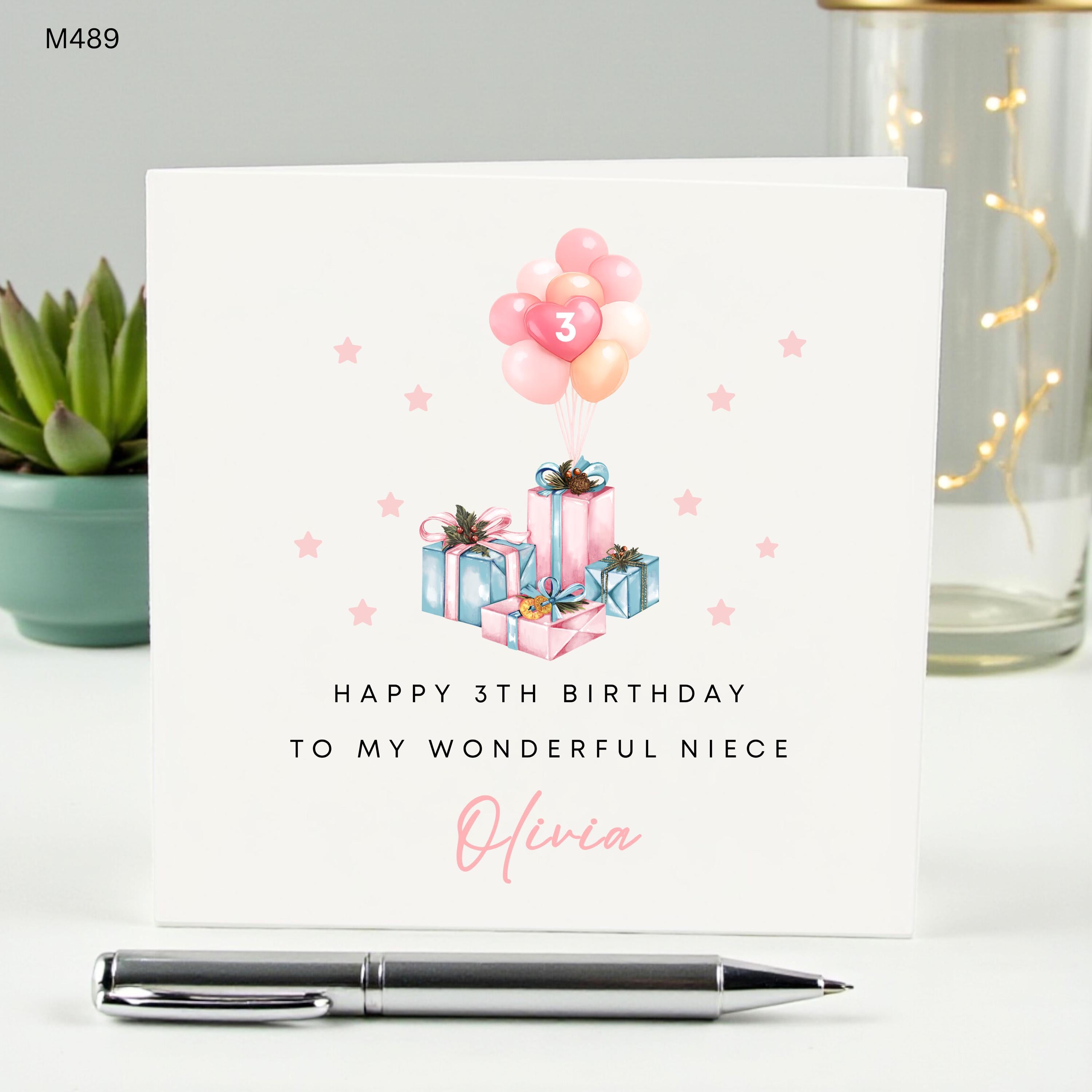 Personalized 3rd Birthday Card for Niece, Custom Name Birthday Card Olivia, Pink Balloons and Gifts Card, Happy Third Birthday Niece Card