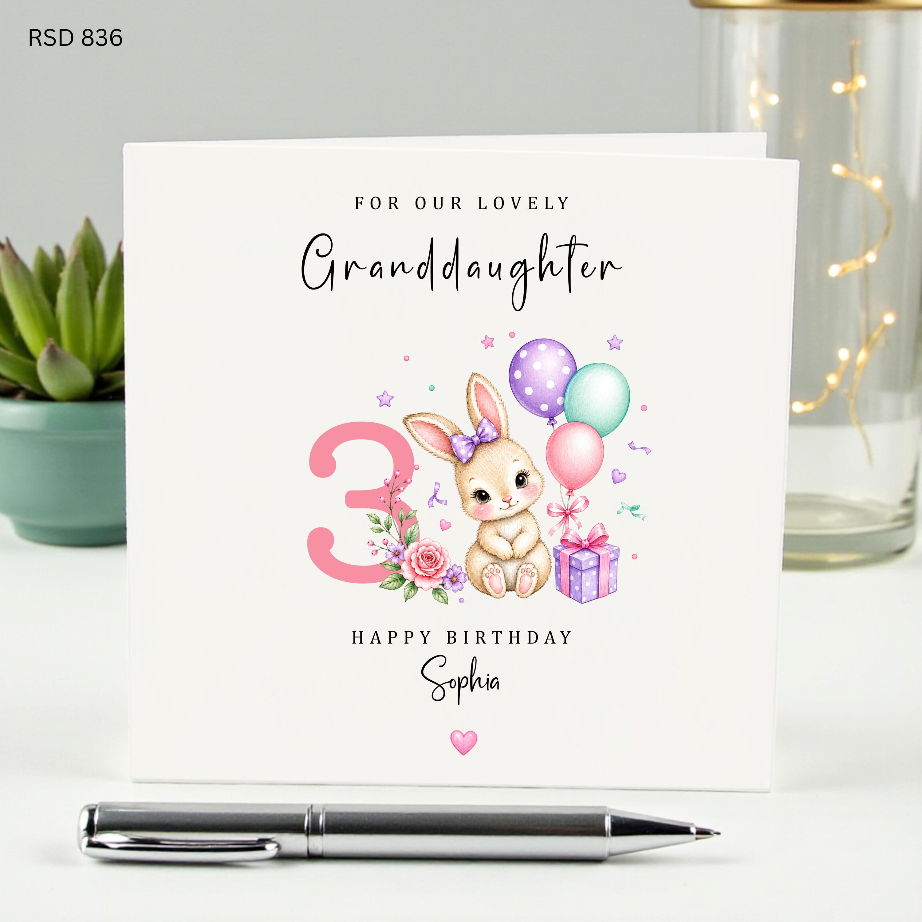 Personalized Granddaughter 3rd Birthday Card, Cute Watercolor Bunny and Balloons for 3 Year Old, Custom Name Third Birthday Card for Girls