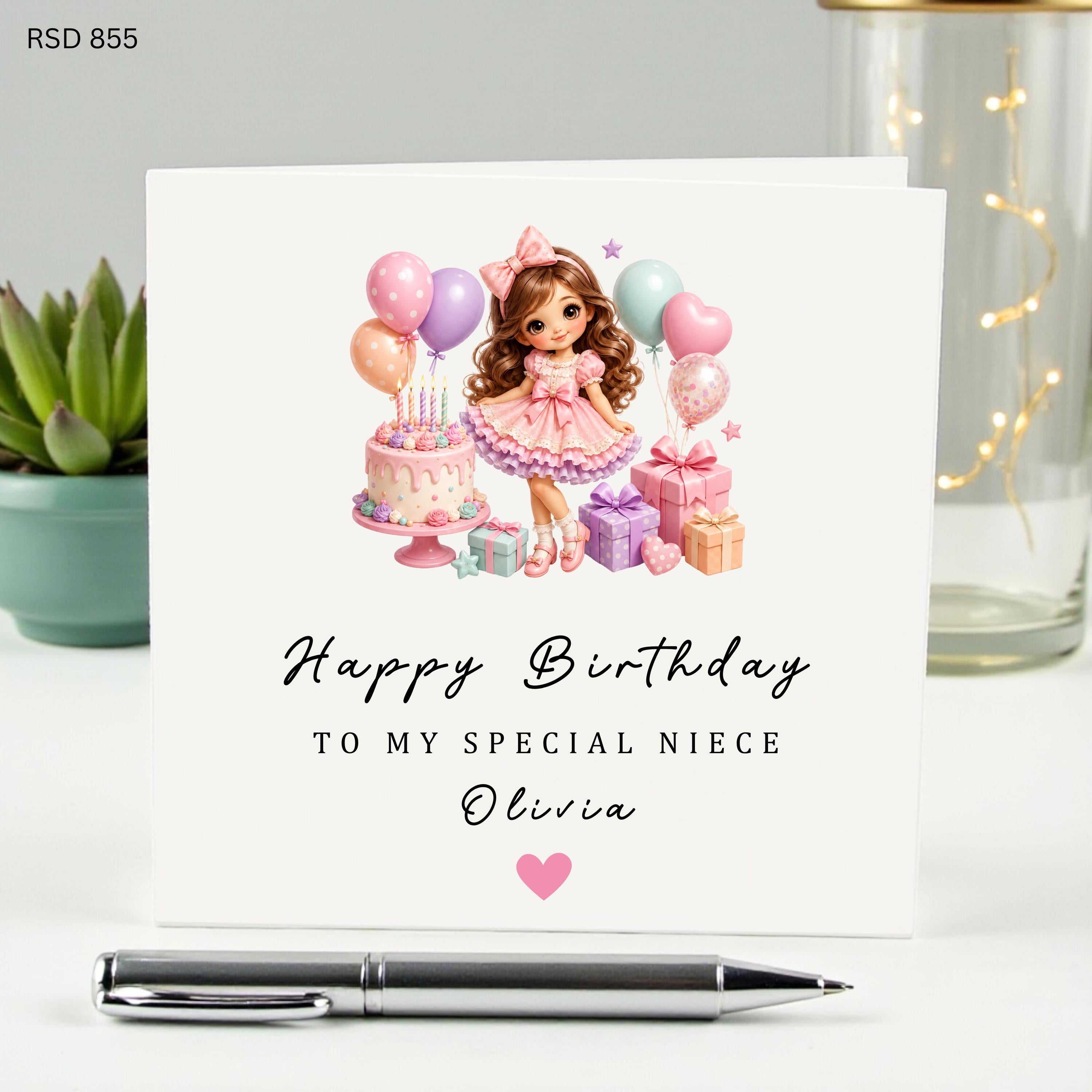 Personalized Birthday Card for Niece, Happy Birthday Olivia Special Niece Card, Cute Pink Doll & Cake Card for Daughter Granddaughter Girl