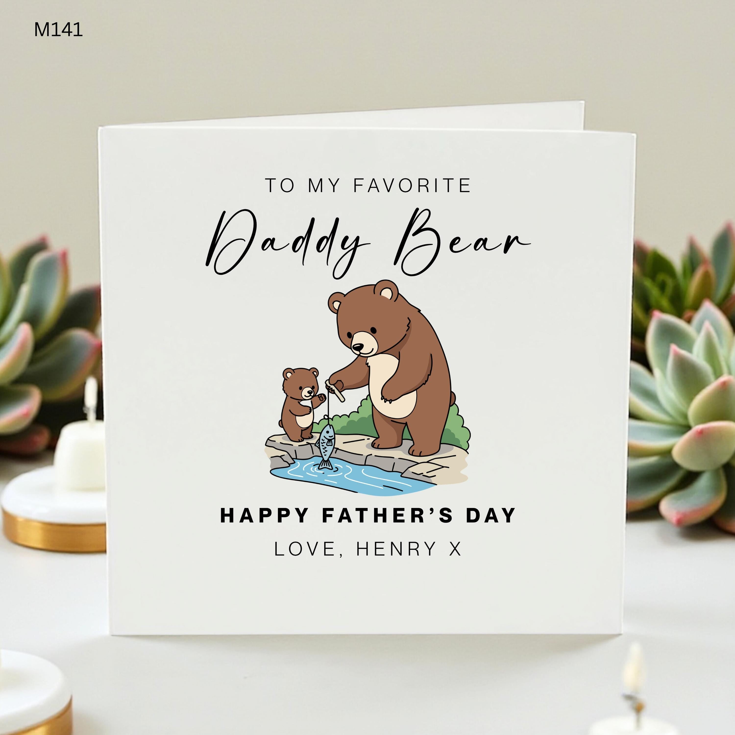 Personalized Daddy Bear Father's Day Card from Son, Cute Bear Fishing Dad Card, First Father's Day Gift for Him, Daddy Bear Birthday Card