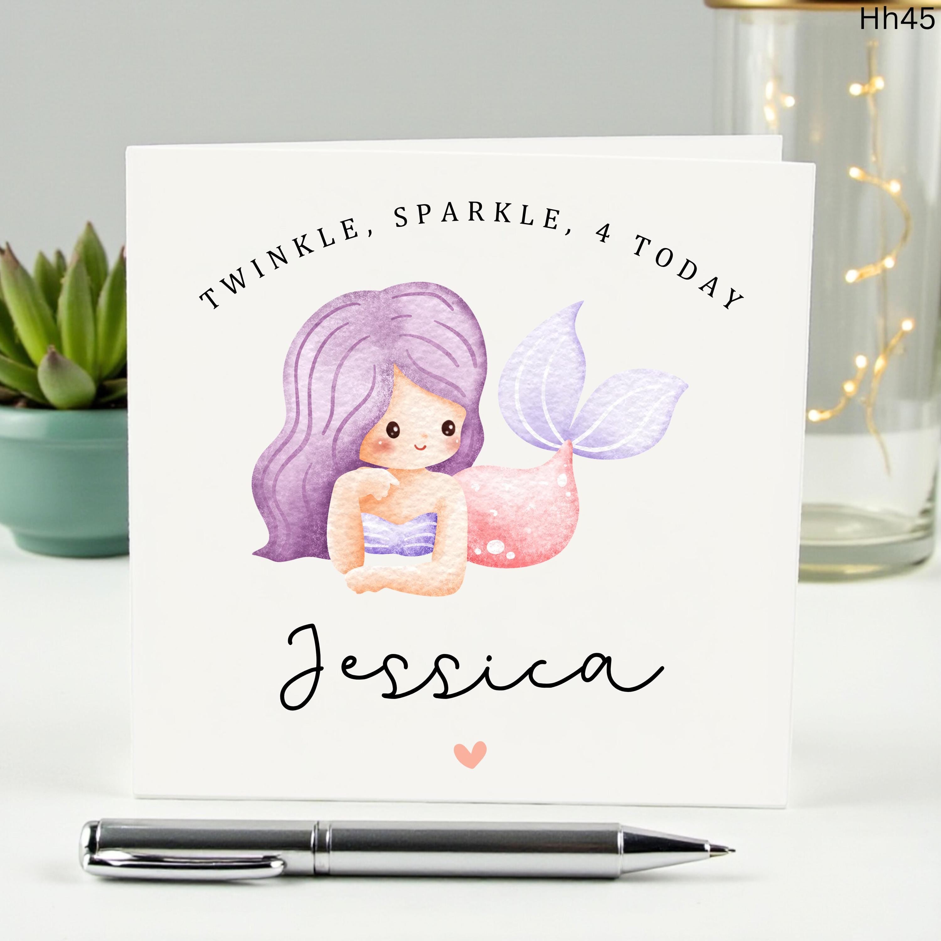 Personalized Mermaid 4th Birthday Card for Daughter, Custom Name Twinkle Sparkle 4 Today, Cute Watercolor Mermaid Card, Girl Birthday Gift