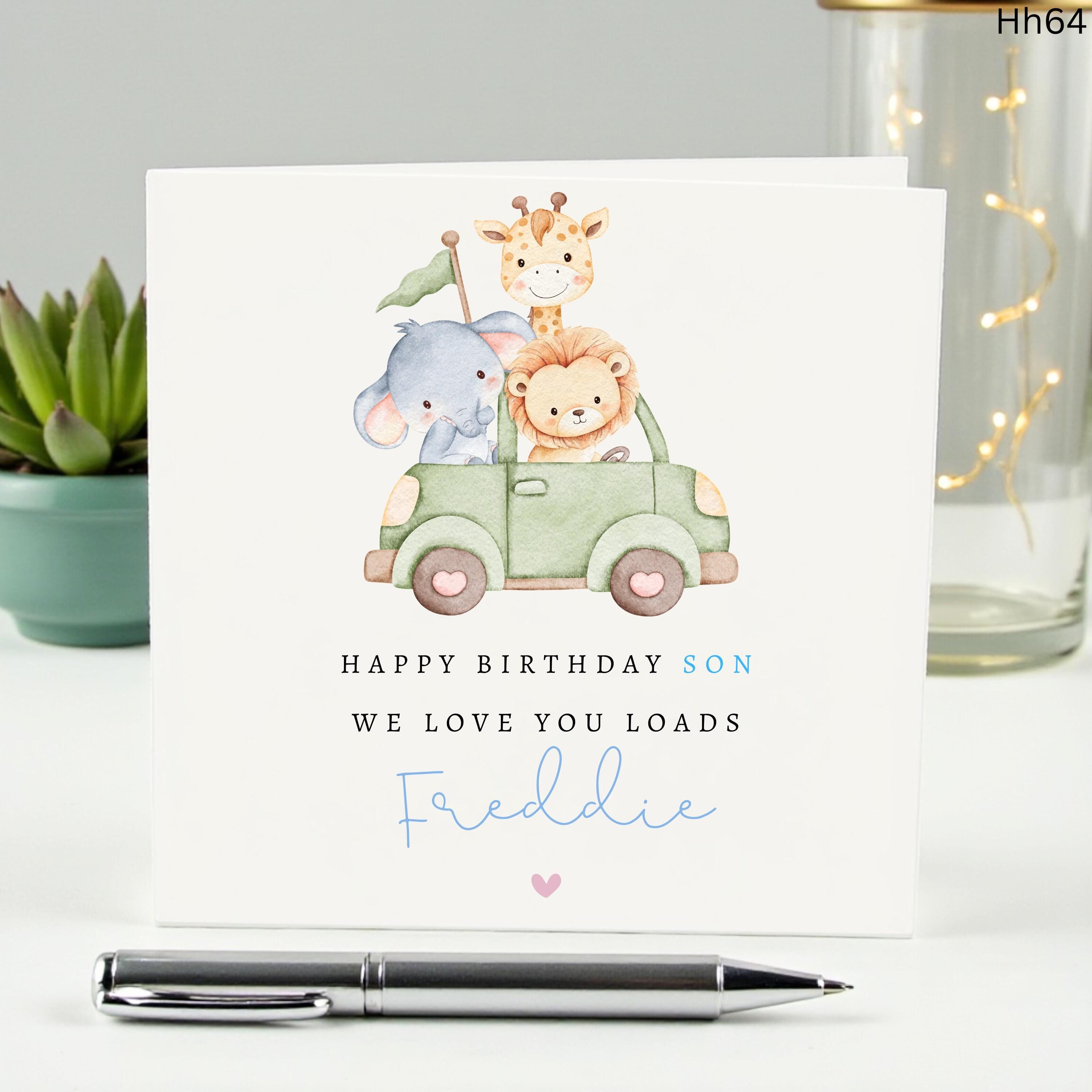Personalized Son Birthday Card, Safari Jungle Animals Birthday Card for Freddie, Cute Watercolor Lion Elephant Giraffe Card for 1st 2nd 3rd