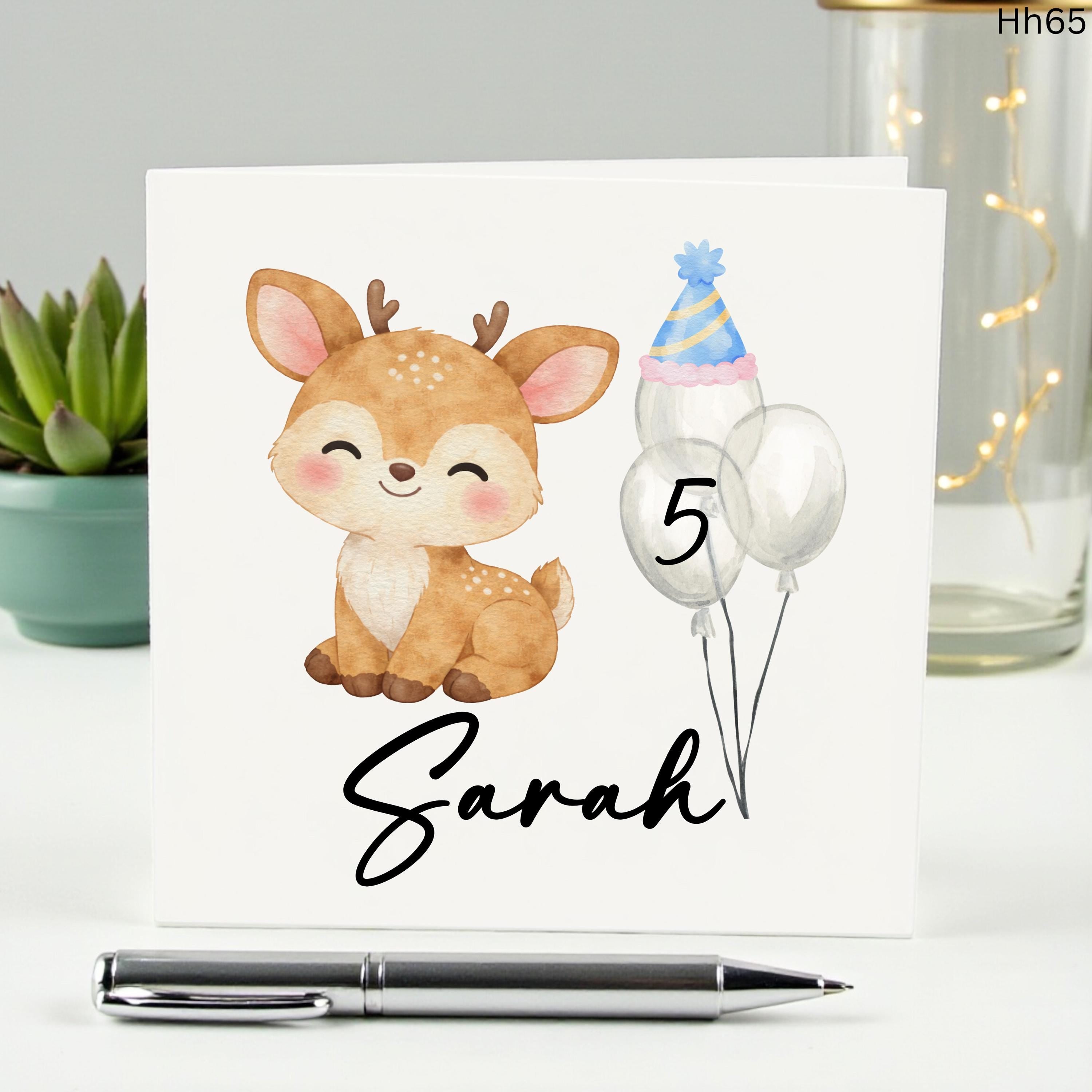 Personalized Deer Birthday Card for Girl, Custom Woodland Animals Fawn Card for Daughter or Granddaughter, Cute 5th Birthday Card for Sarah