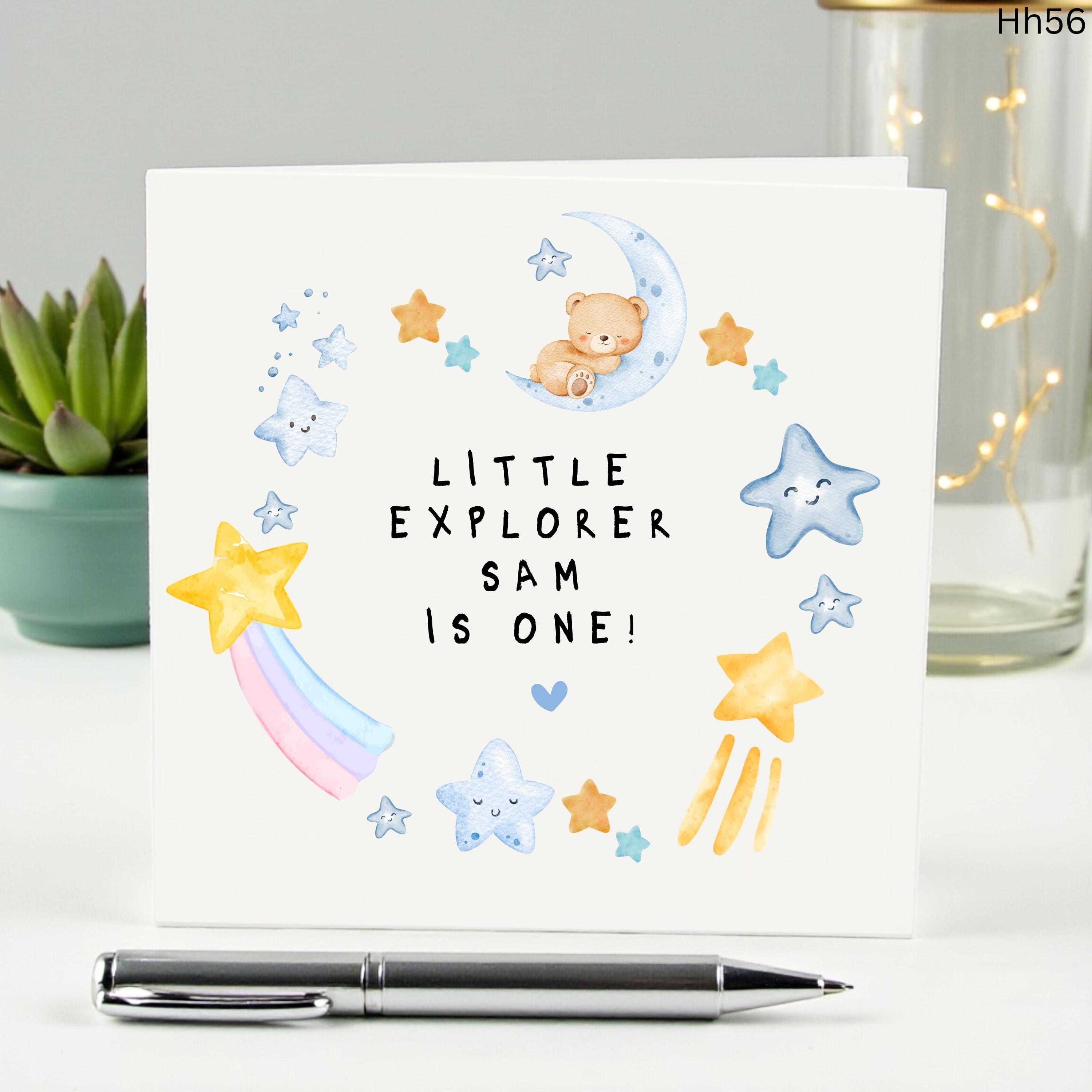 Personalized 1st Birthday Card for Boy, Little Explorer Custom Name Card, First Birthday Gift Son, Bear Moon and Stars Card, 1st Birthday