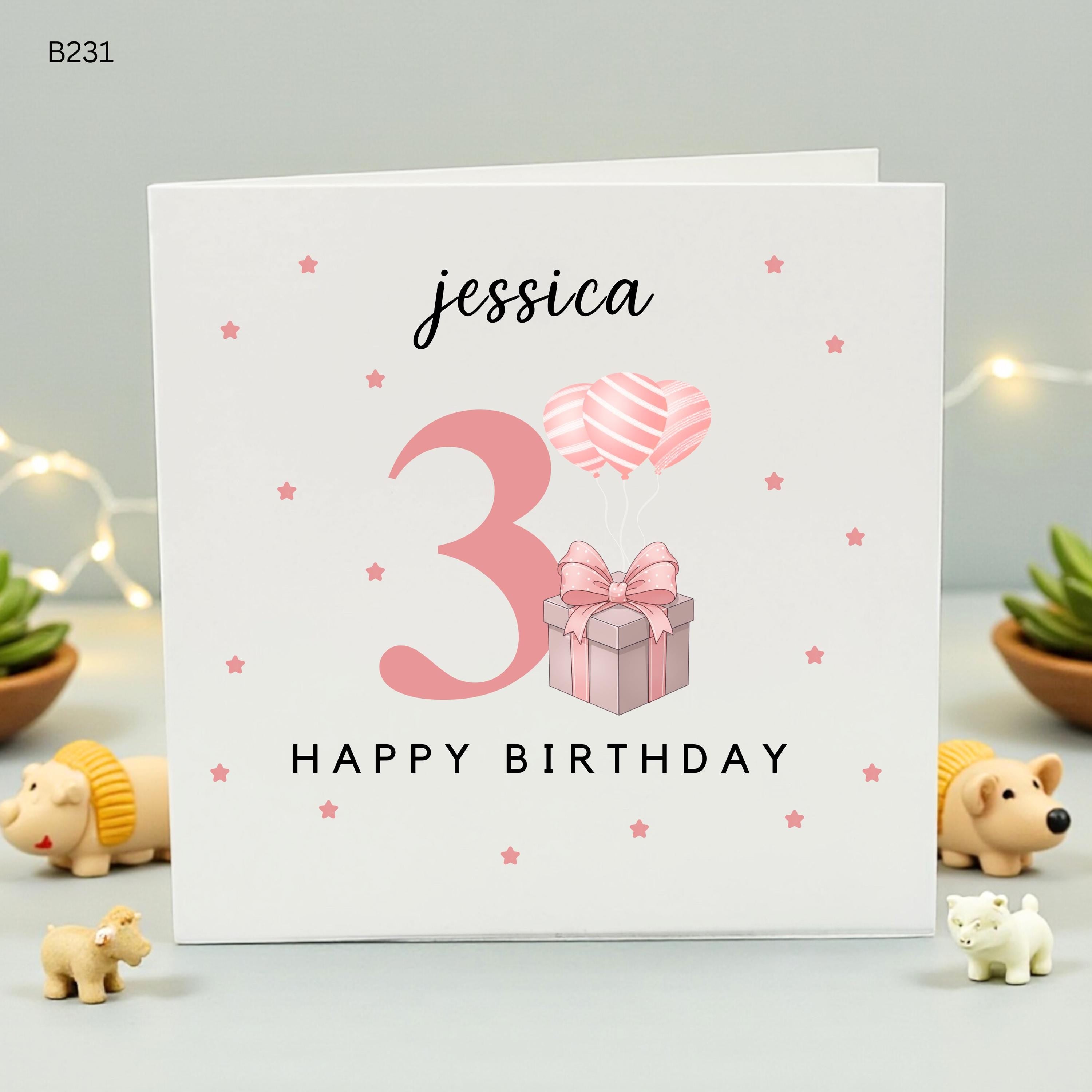 Personalized 3rd Birthday Card for Girls, Custom Name Any Age Birthday Card, Pink Balloons and Gift Card for Daughter Granddaughter Niece