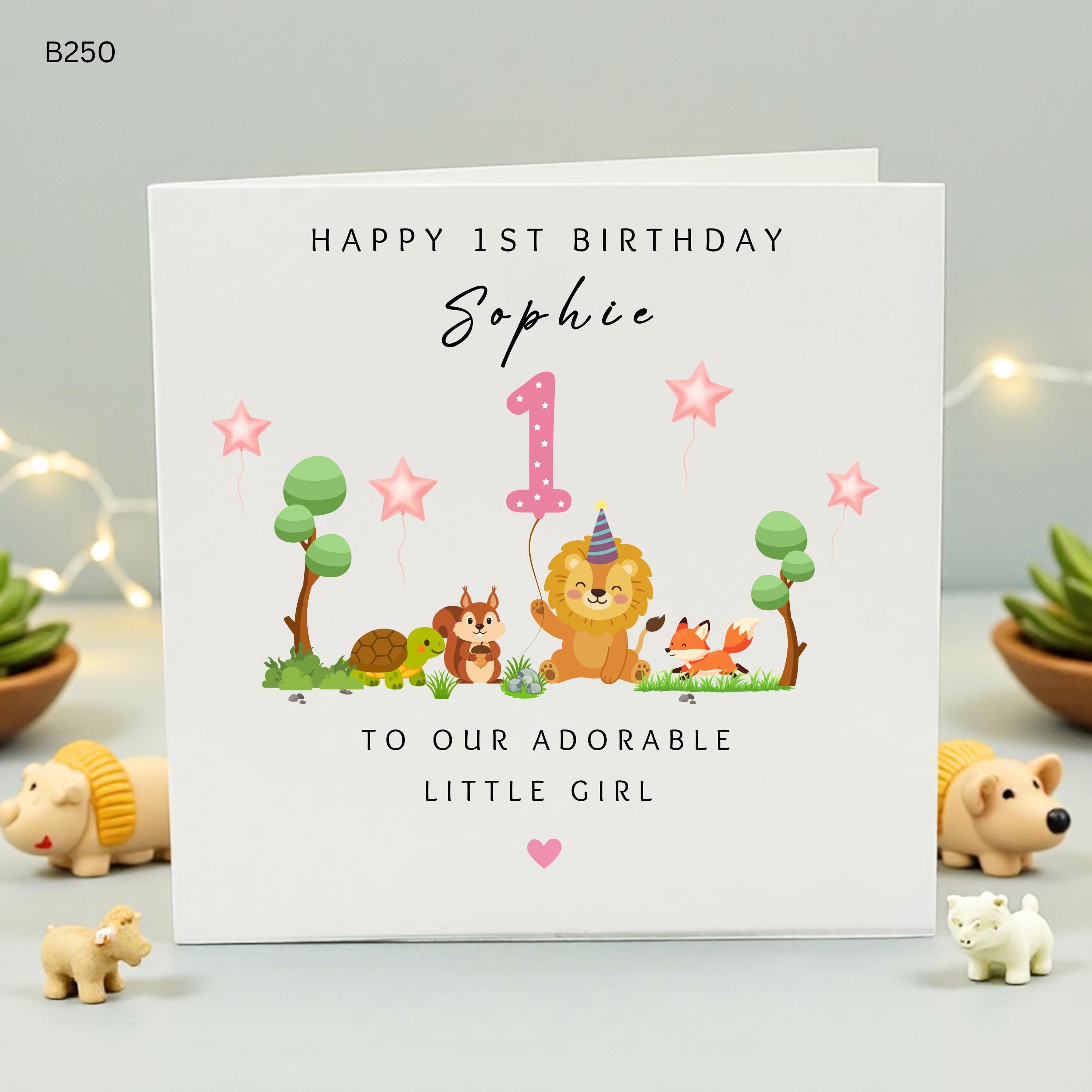 Personalised 1st Birthday Card for Girl, Woodland Forest Animals First Birthday Card, Custom Name Sophie Card, To Our Adorable Little Girl