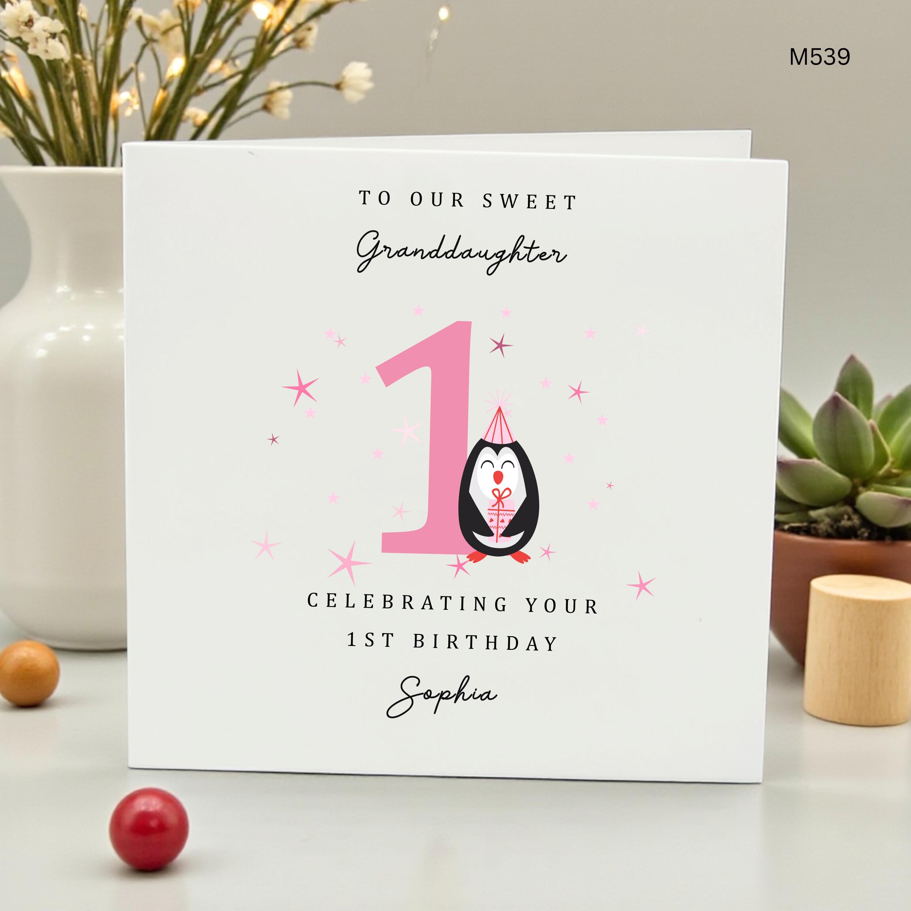Personalized 1st Birthday Card for Granddaughter, Cute Penguin First Birthday Card Girl, Daughter Niece 1st Bday, Custom Name Sophia Card