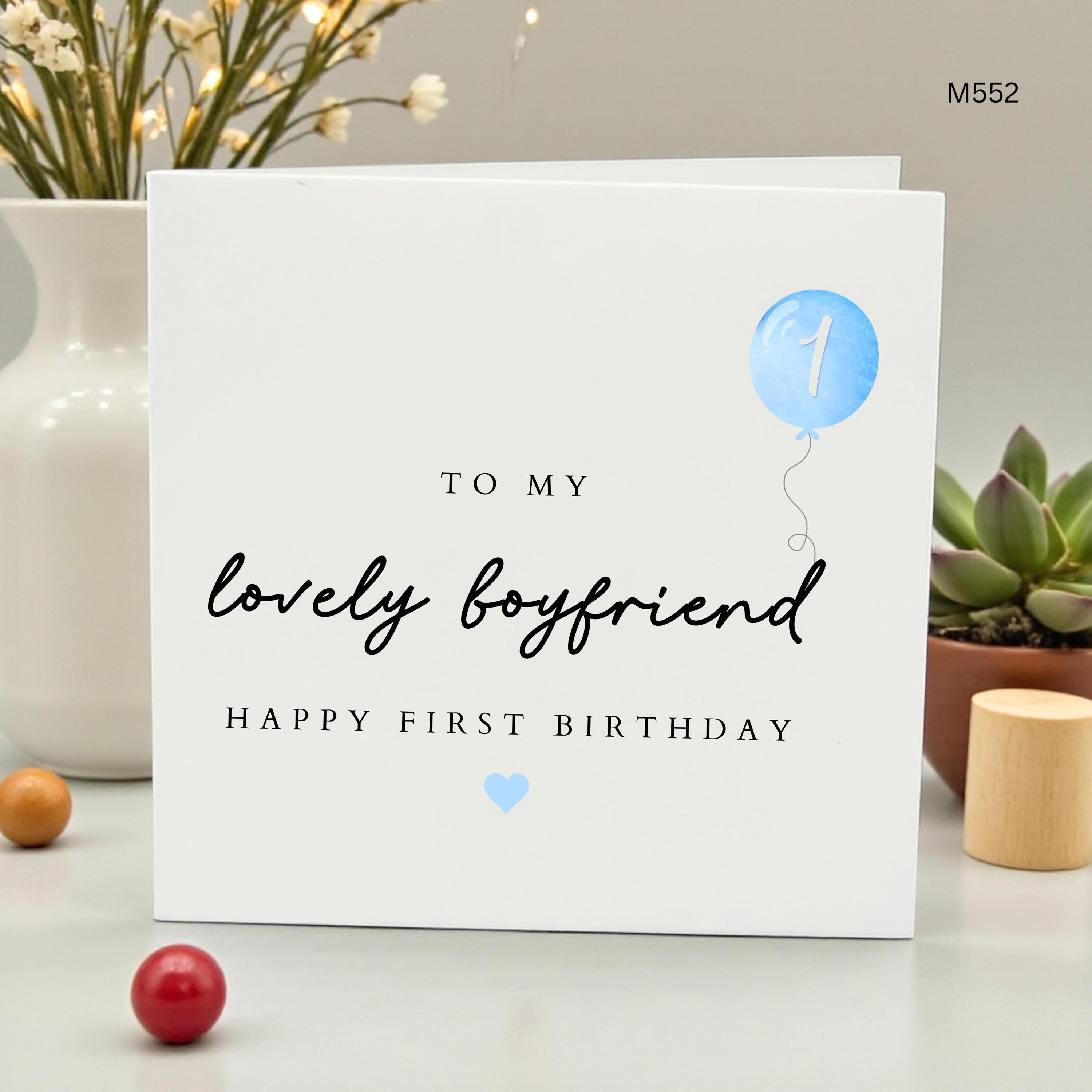 To My Lovely Boyfriend Happy First Birthday Card, 1st Birthday Together Card for Him, Cute Boyfriend Birthday Gift, Blue Balloon Card,