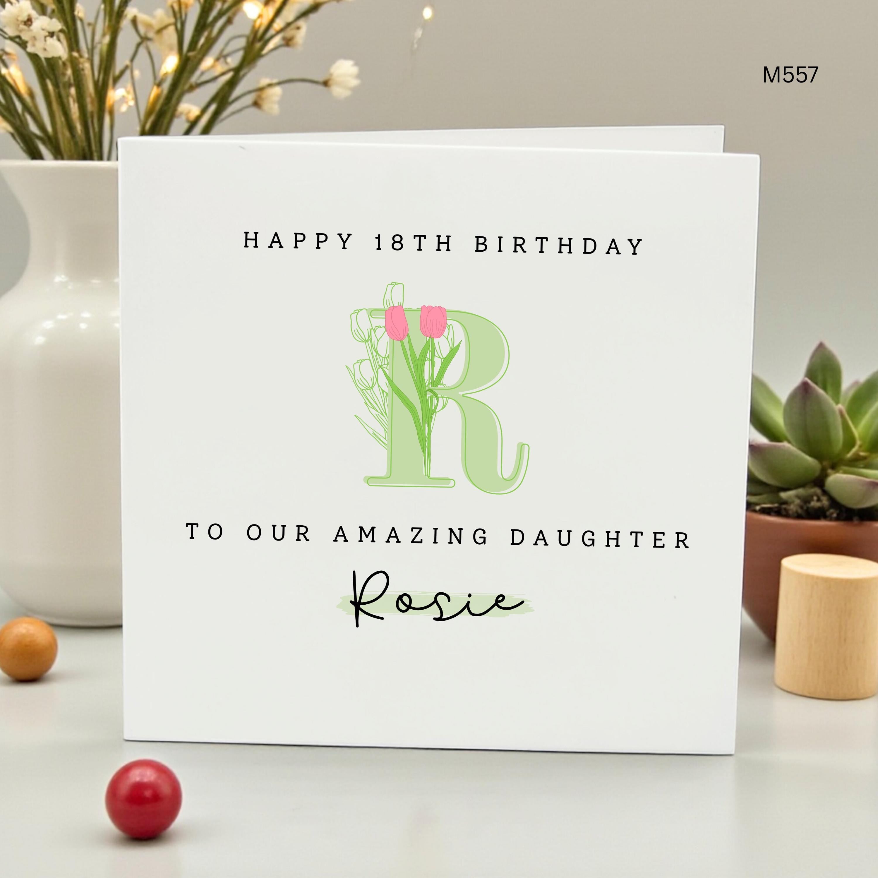 Personalized 18th Birthday Card for Daughter, Floral Initial Monogram Card, Custom Name Eighteenth Birthday Card for Her, Tulip Flower Card