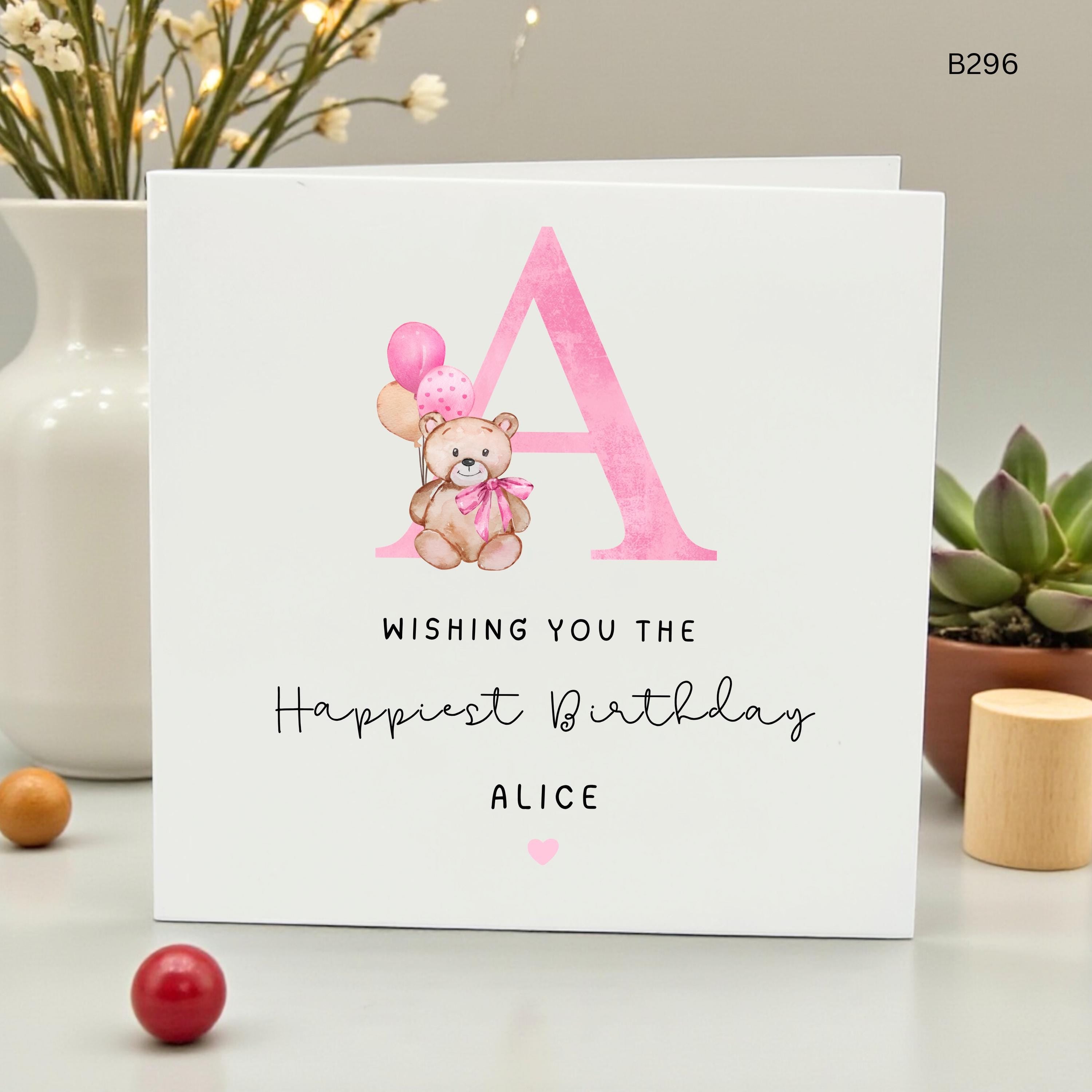 Personalized Birthday Card for Girls, Initial A Pink Teddy Bear Card, Custom Name Alice Birthday Card, Cute Watercolor Monogram Card