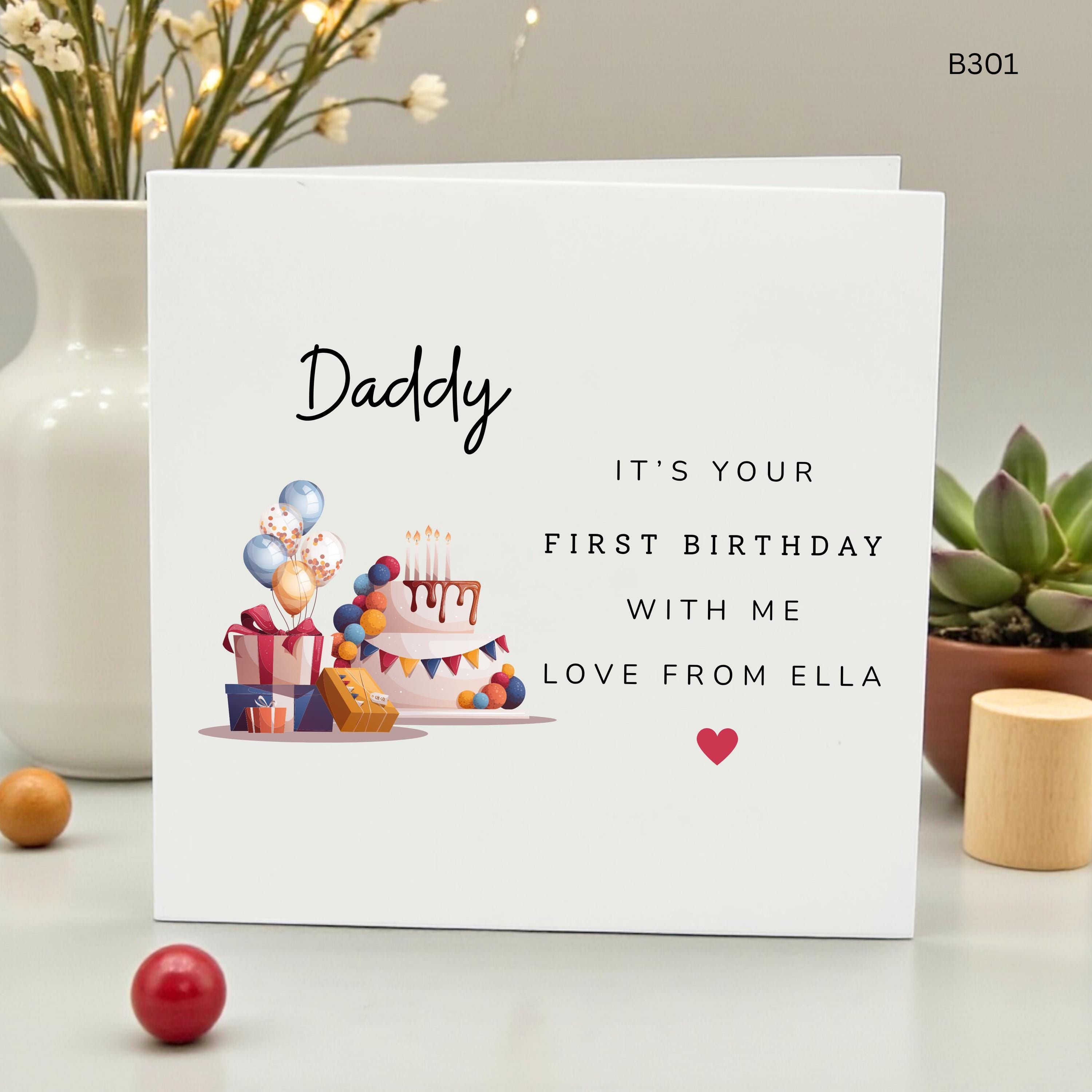 Personalized First Birthday as Daddy Card, Custom Name Ella Birthday Card for Dad, 1st Birthday with Me Card, New Dad Gift, Watercolor Cake