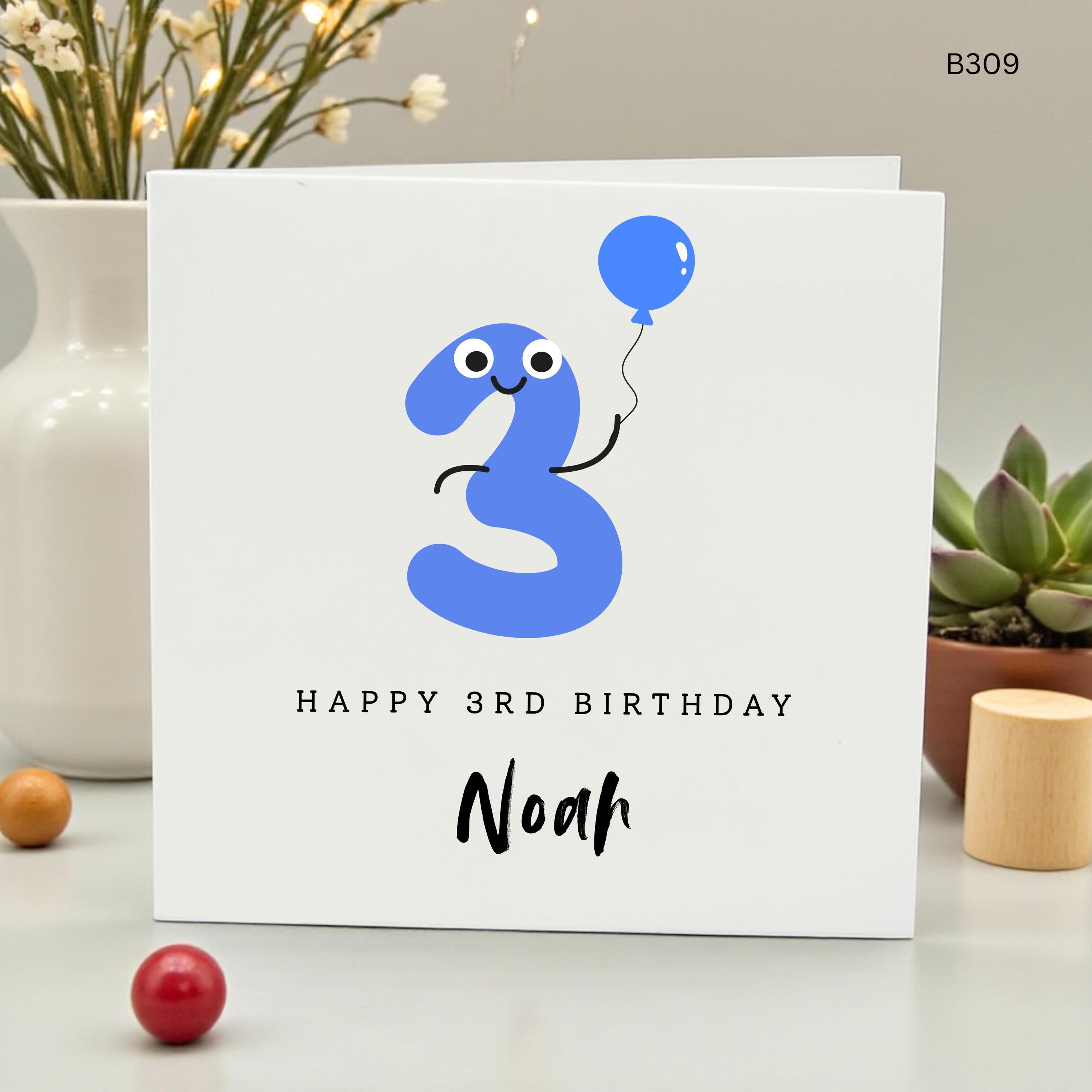 Personalized 3rd Birthday Card for Boys, Blue Number 3 Balloon Card for Son, Custom Name Age 3 Card, Cute Toddler Birthday Greeting,