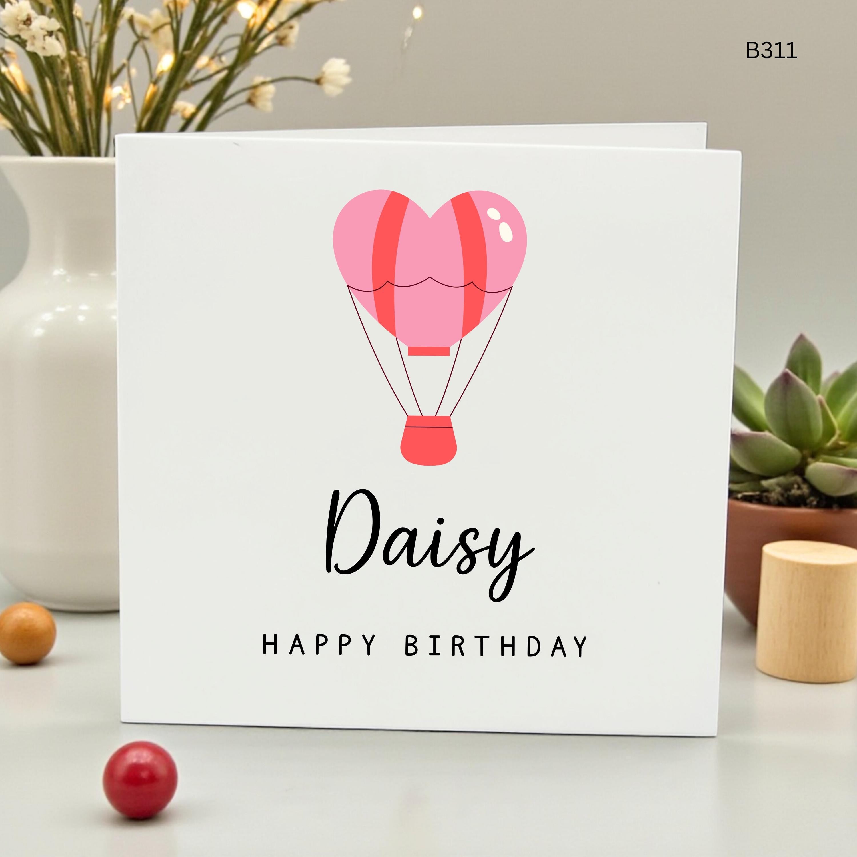 Personalized Happy Birthday Card for Daisy, Heart Hot Air Balloon Birthday Card, Custom Name Birthday Greeting, Cute Whimsical Card for Her