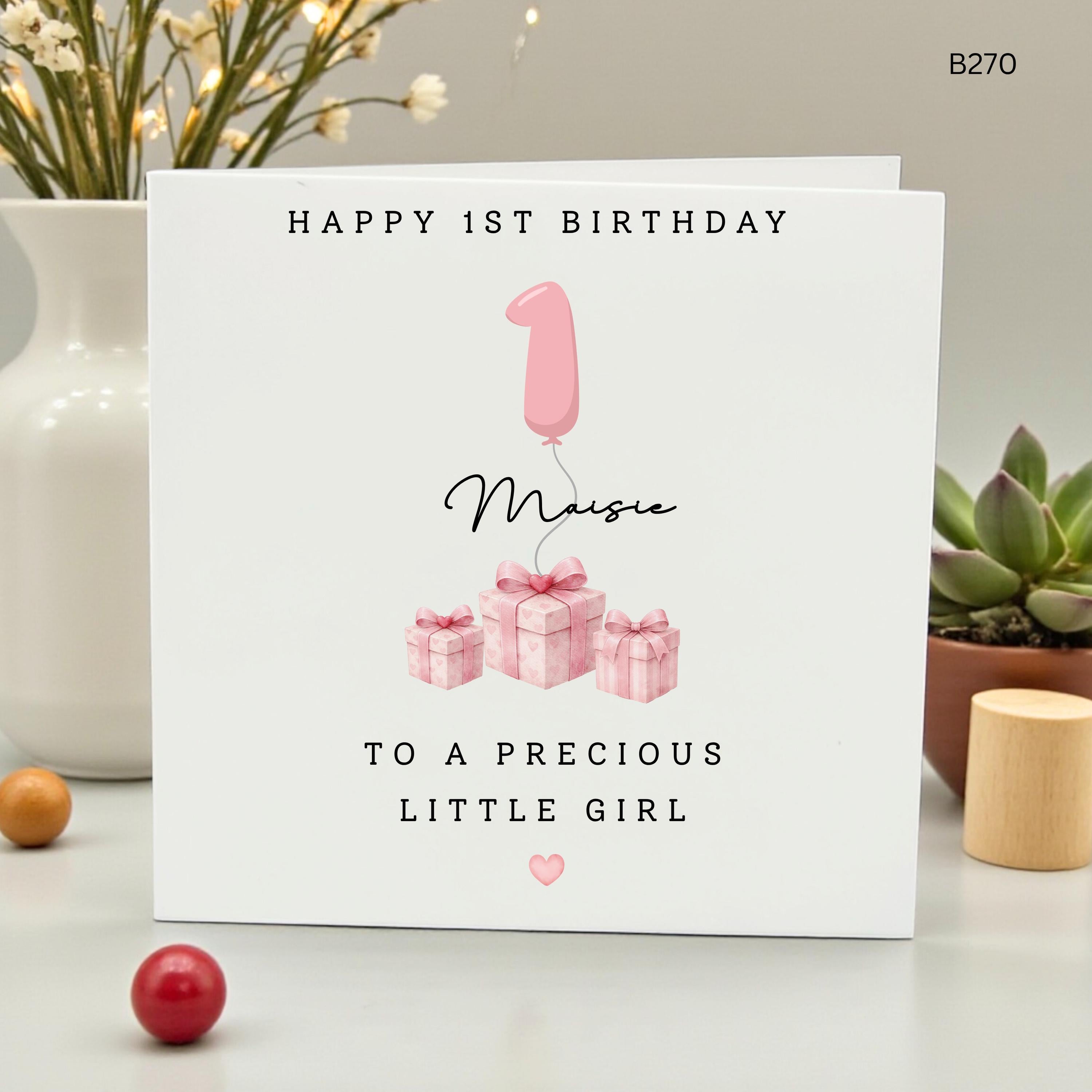 Personalized 1st Birthday Card for Girl, Custom Name Happy First Birthday, Precious Little Girl Card for Daughter, Granddaughter Niece, Pink