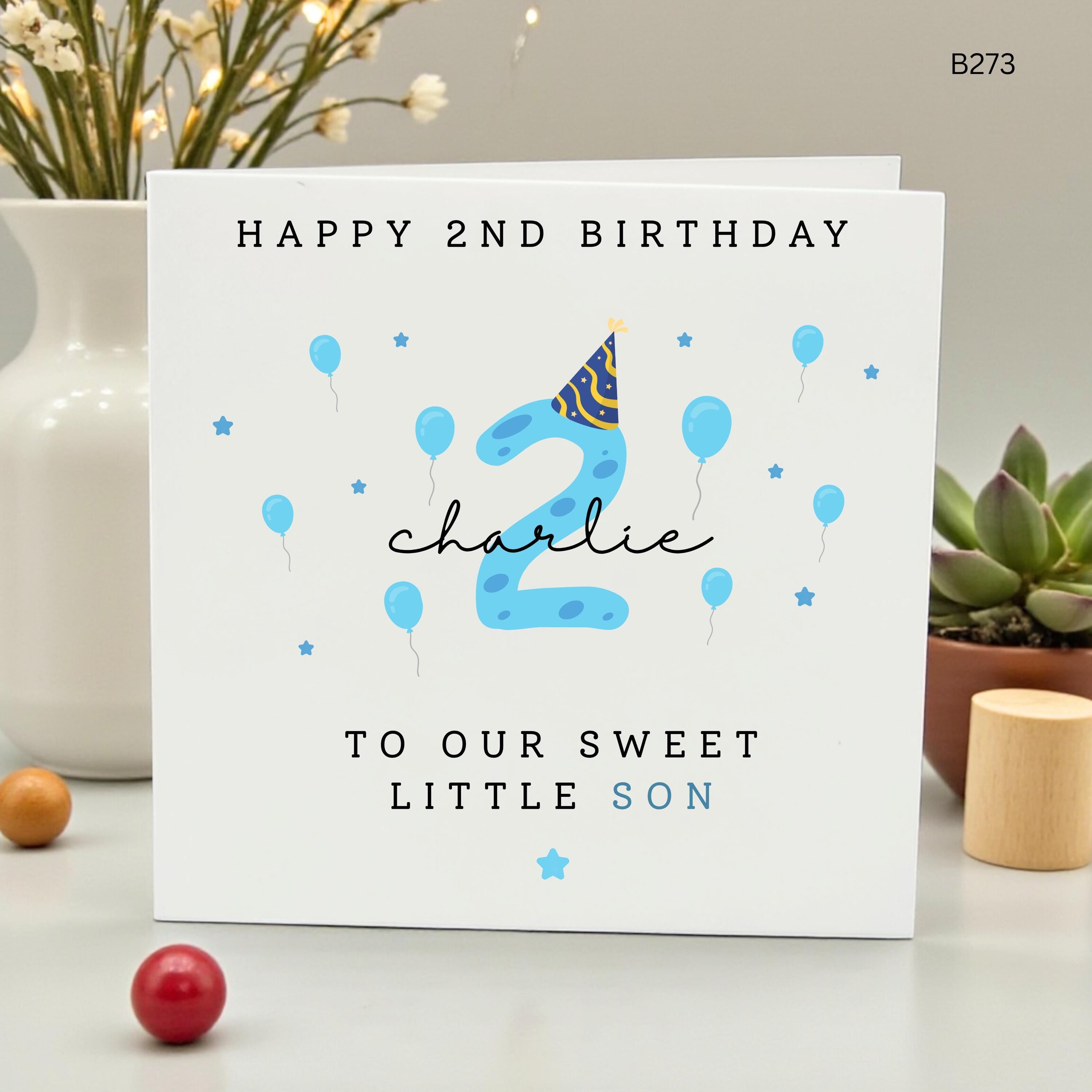 Personalized 2nd Birthday Card for Son, Custom Blue Balloon Birthday Card for Toddler Boy, Happy Second Birthday Charlie, Sweet Little Son