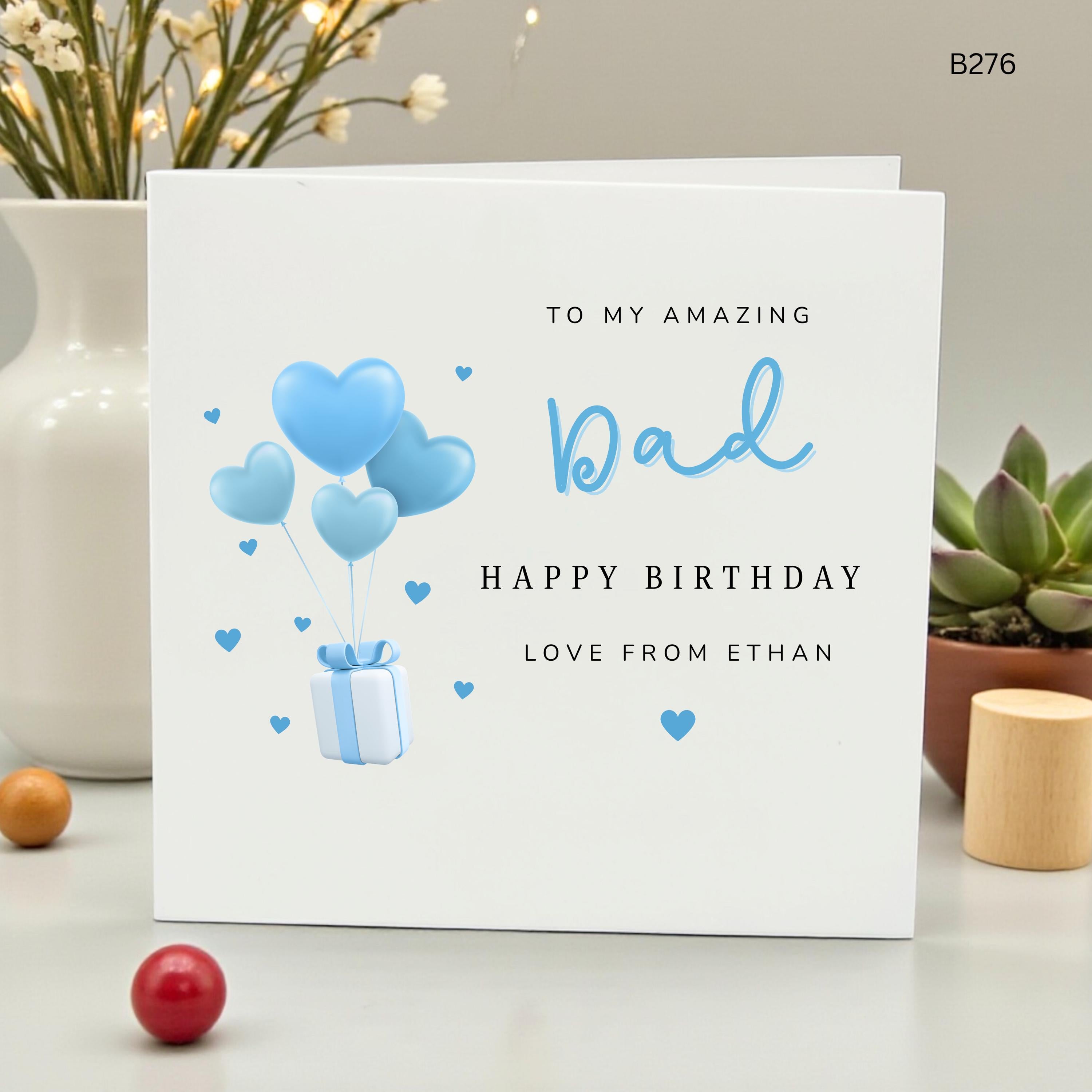 Personalized Dad Birthday Card, Custom Happy Birthday Dad Card from Son Daughter, To My Amazing Dad, Blue Heart Balloons Card for Daddy