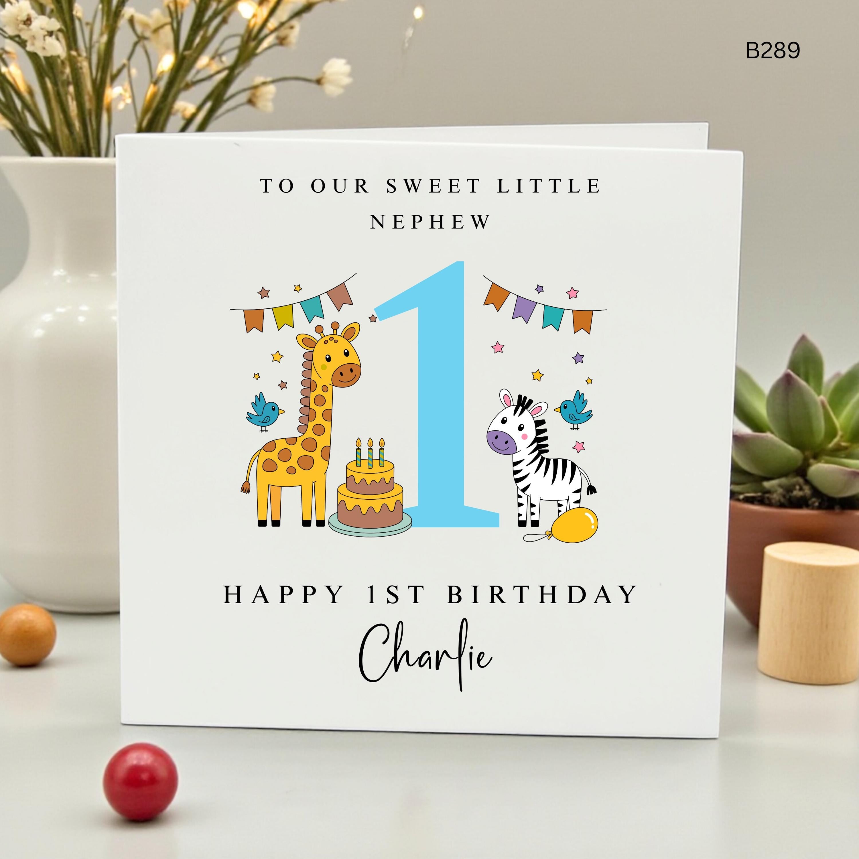 Personalized 1st Birthday Card for Nephew, Jungle Safari Animal First Birthday Gift for Him, Custom Name Giraffe and Zebra Card