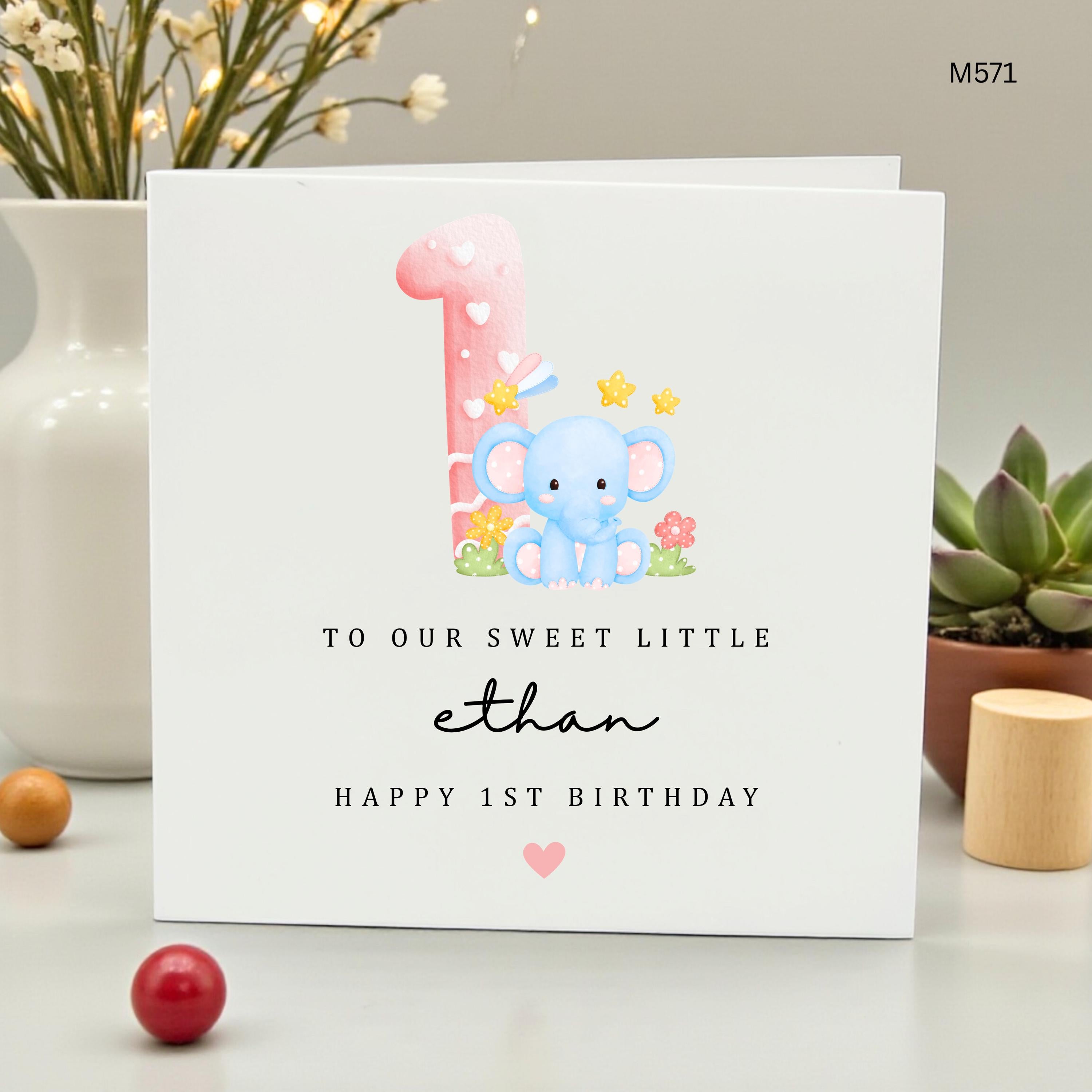 Personalized 1st Birthday Card for Boy or Girl, Cute Blue Elephant Pink Number One Card, Custom Name Birthday Card, Sweet Little Ethan Gift