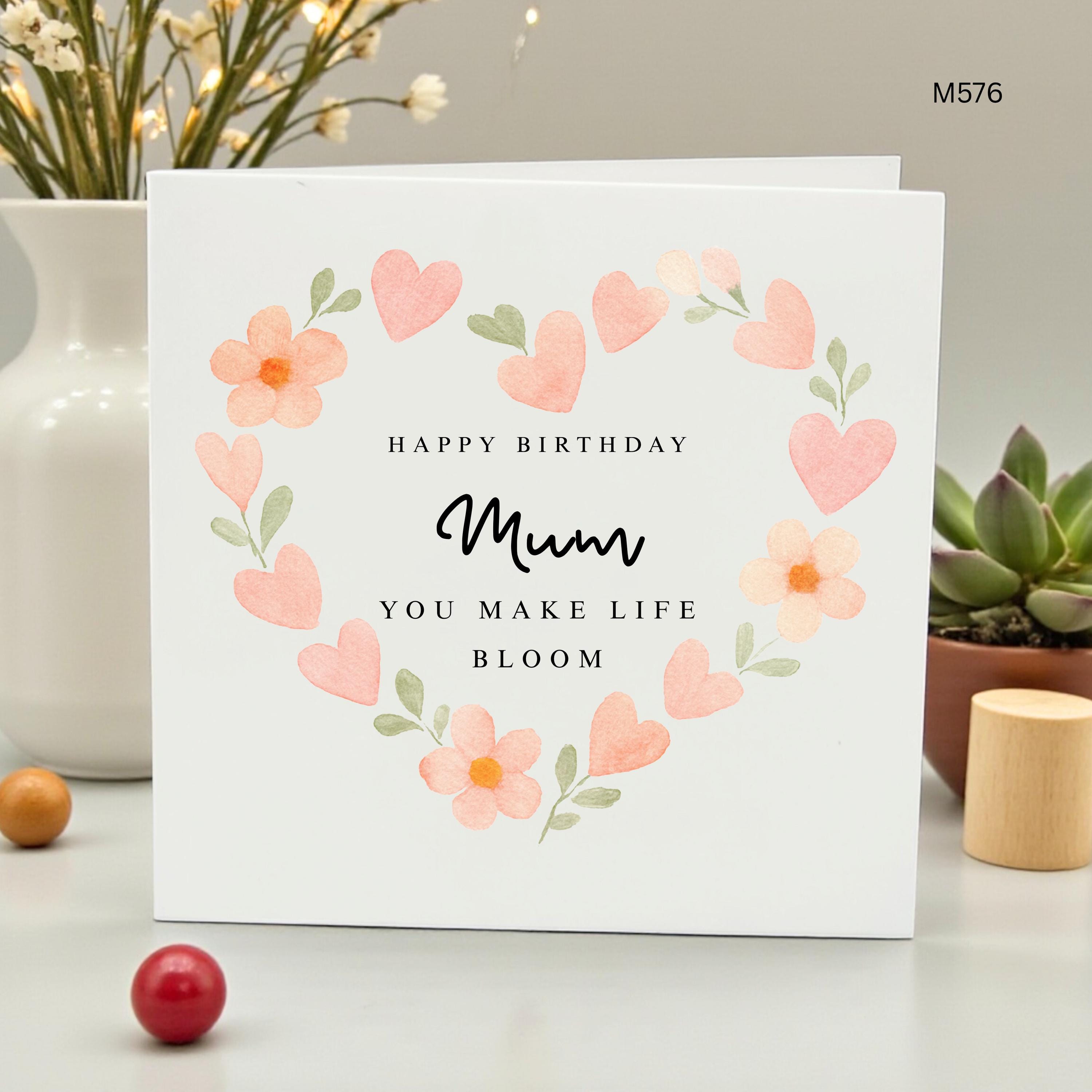 Personalized Birthday Card for Mum, Watercolor Heart Floral Wreath Card, Happy Birthday Mom Custom Name, You Make Life Bloom Gift for Her