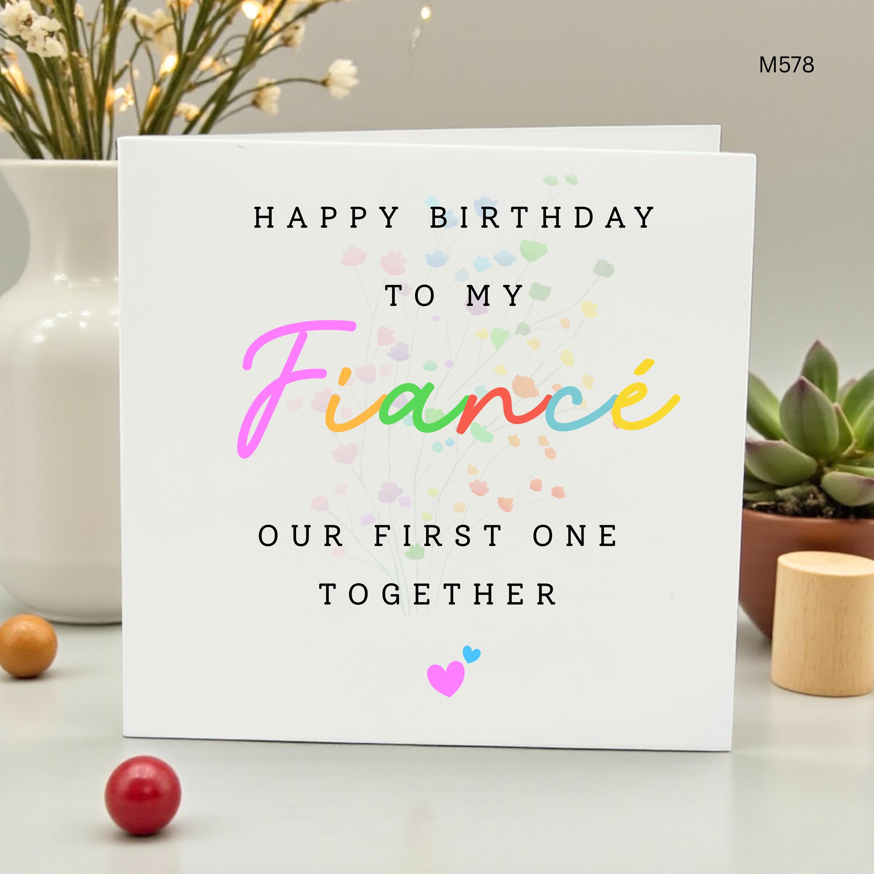 Happy Birthday to my Fiancé Card, Our First One Together, Personalized Birthday Card for Fiancé, Rainbow Script Romantic Birthday Card