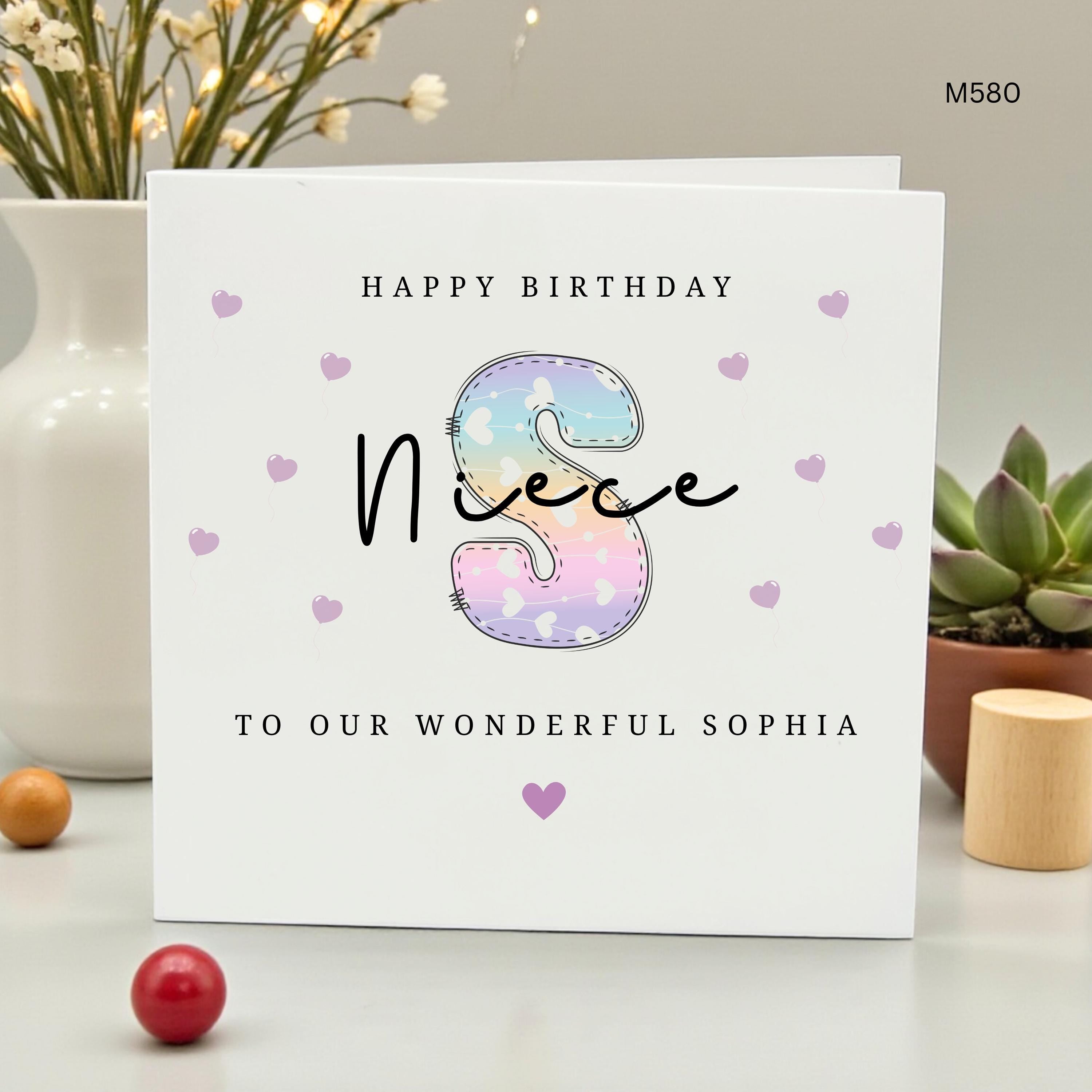 Personalized Niece Birthday Card, Rainbow Initial S Card for Niece, Custom Name Sophia Birthday Card, Pastel Purple Heart Greeting Card