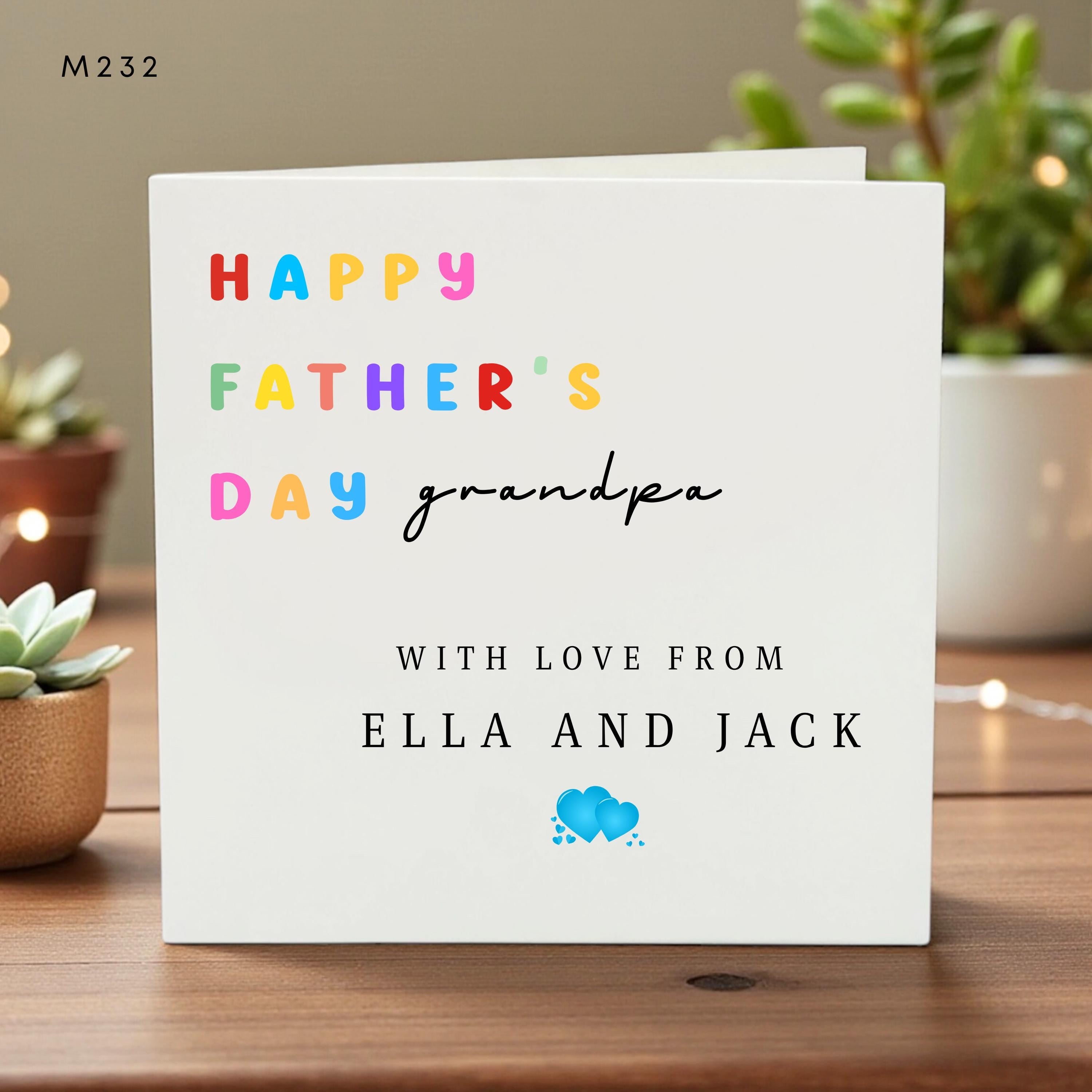 Personalized Happy Fathers Day Card for Grandpa, Custom Kids Names, Fun Colorful Design, Gift from Grandchildren, Heart Emoji
