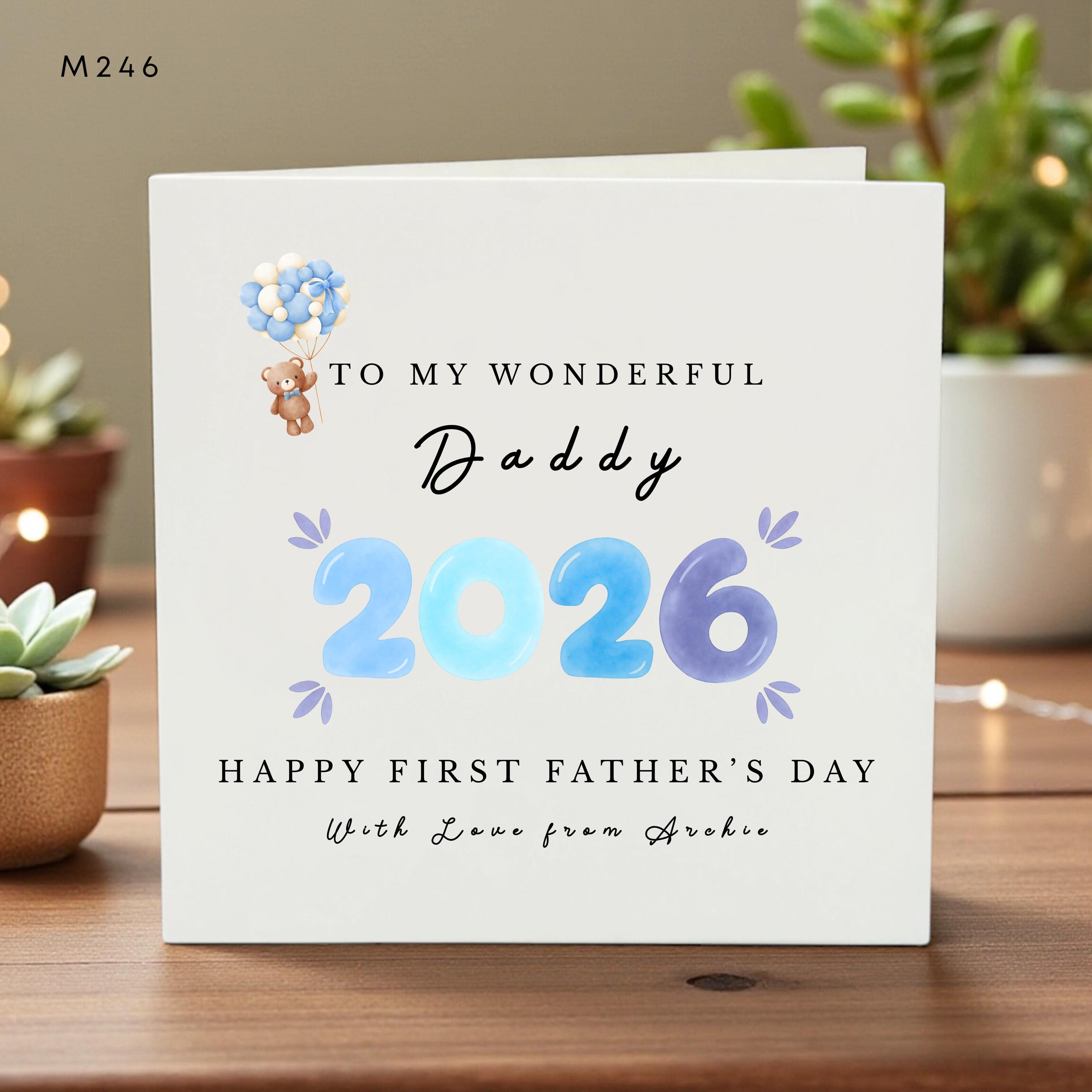 Personalized First Father’s Day Card 2026 for Dad from Baby Kids Custom Name Teddy Balloon Cute Gift Family Greeting Card