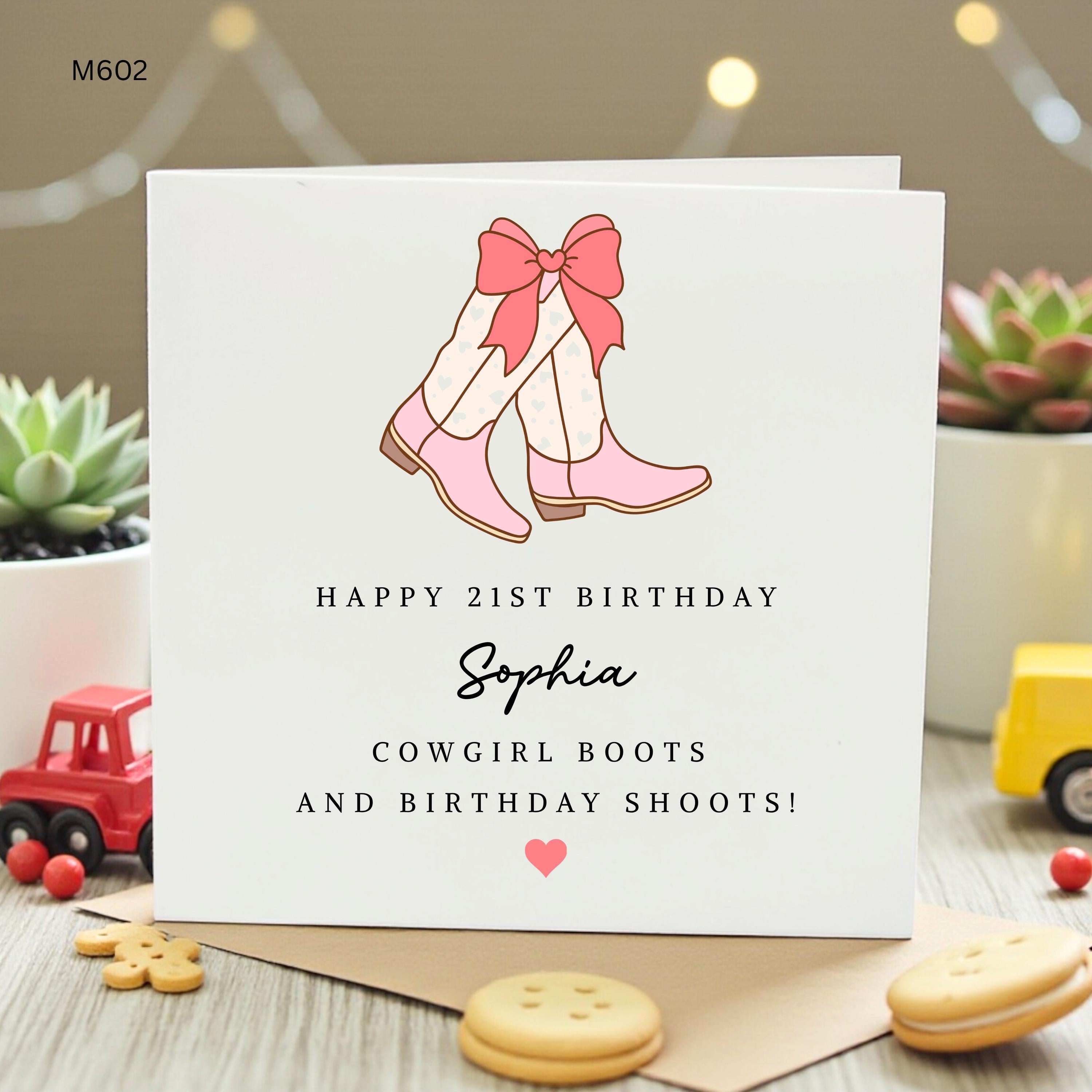 Personalized 21st Birthday Card for Sophia, Custom Pink Cowgirl Boots and Birthday Shots Greeting Card, Cute Western Coquette Gift for Her
