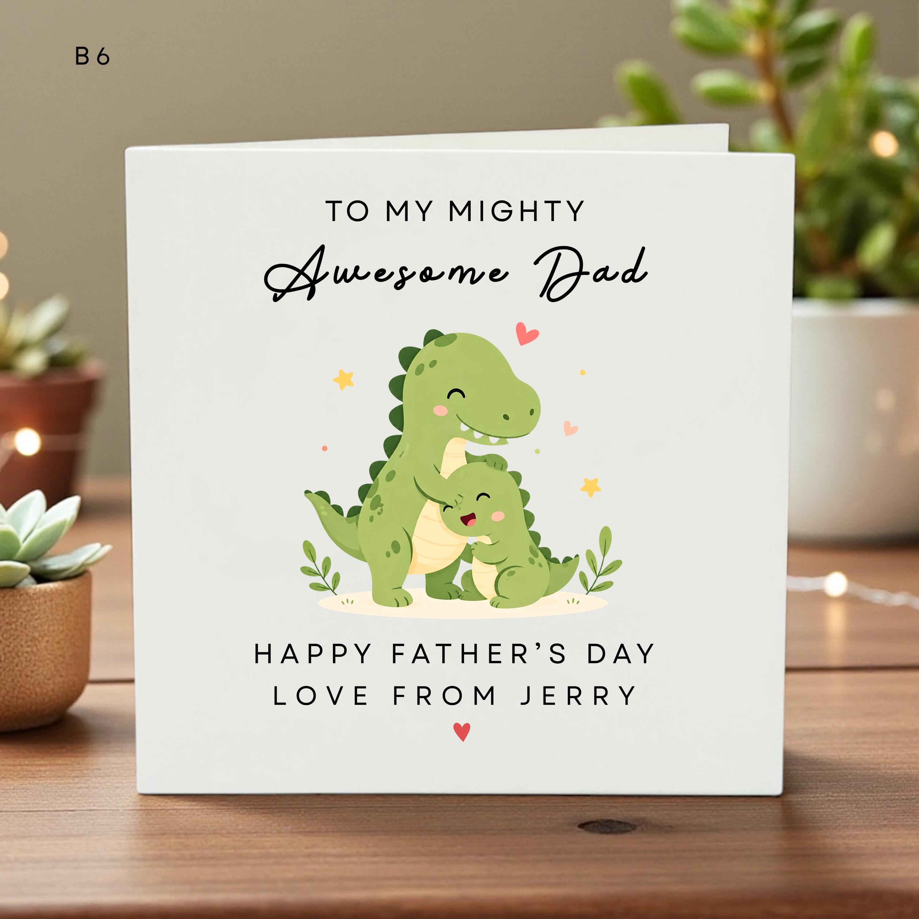 Personalized Father’s Day Card, Cute Dinosaur Dad & Child Cartoon, Custom Name, Fun Dad Greeting, Kids Gift, Unique Dad Present