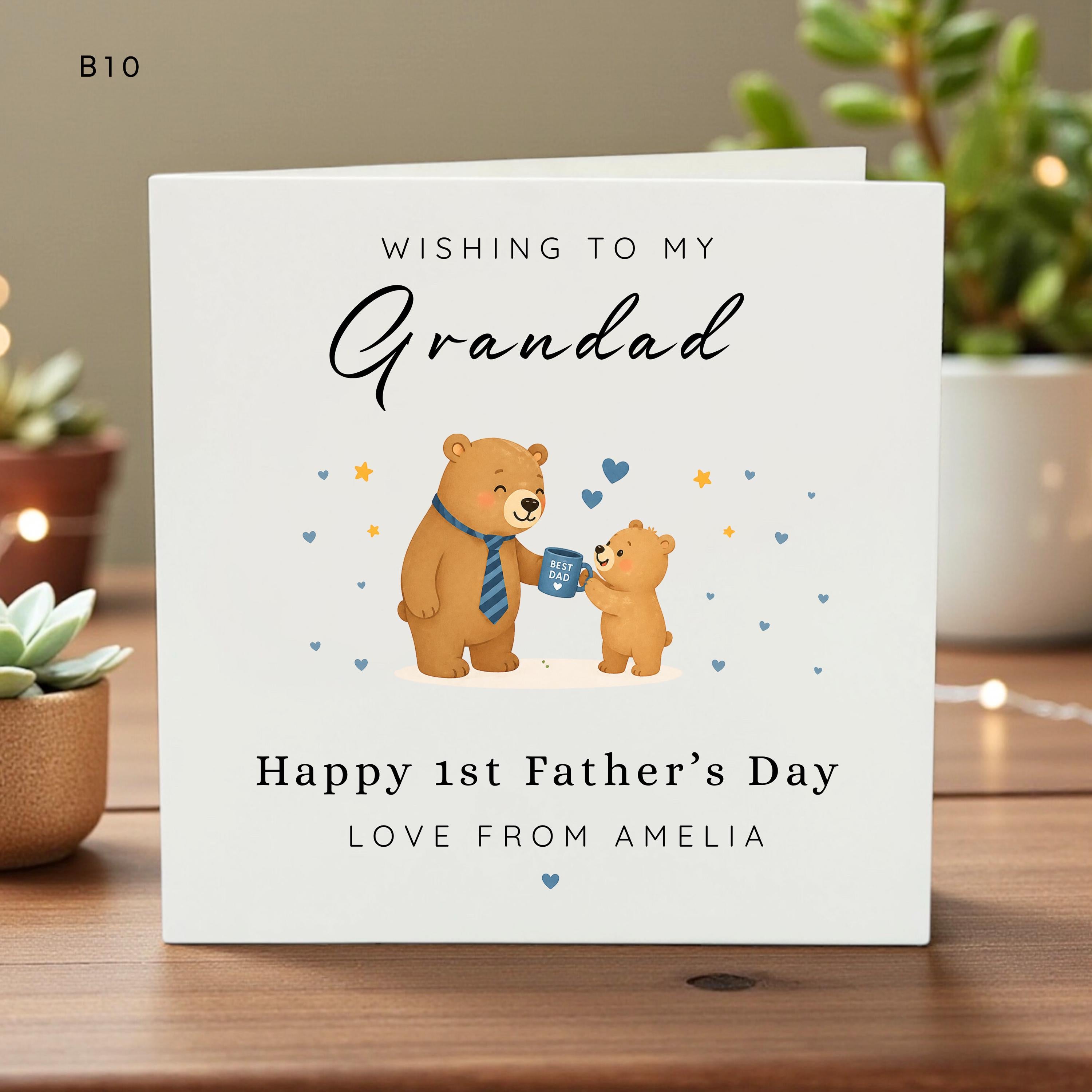 Personalized 1st Father’s Day Card for Grandad, Cute Bear Cartoon Design, Custom Message, Kids Love Gift, Unique Daddy Card