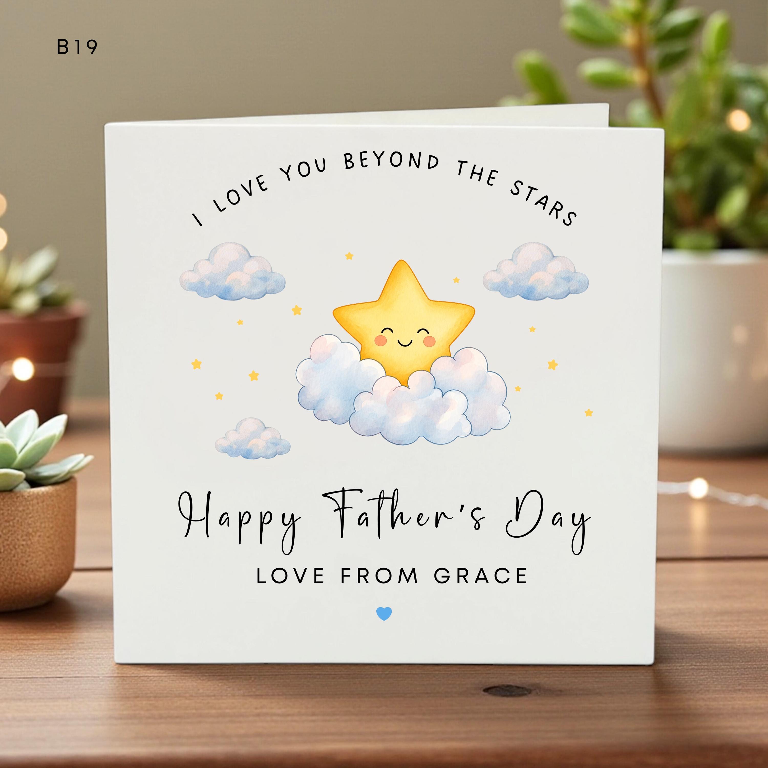 Father’s Day Card for Dad, I Love You Beyond the Stars, Cute Sun & Clouds Illustration, Personalized Kids Card, Custom Name