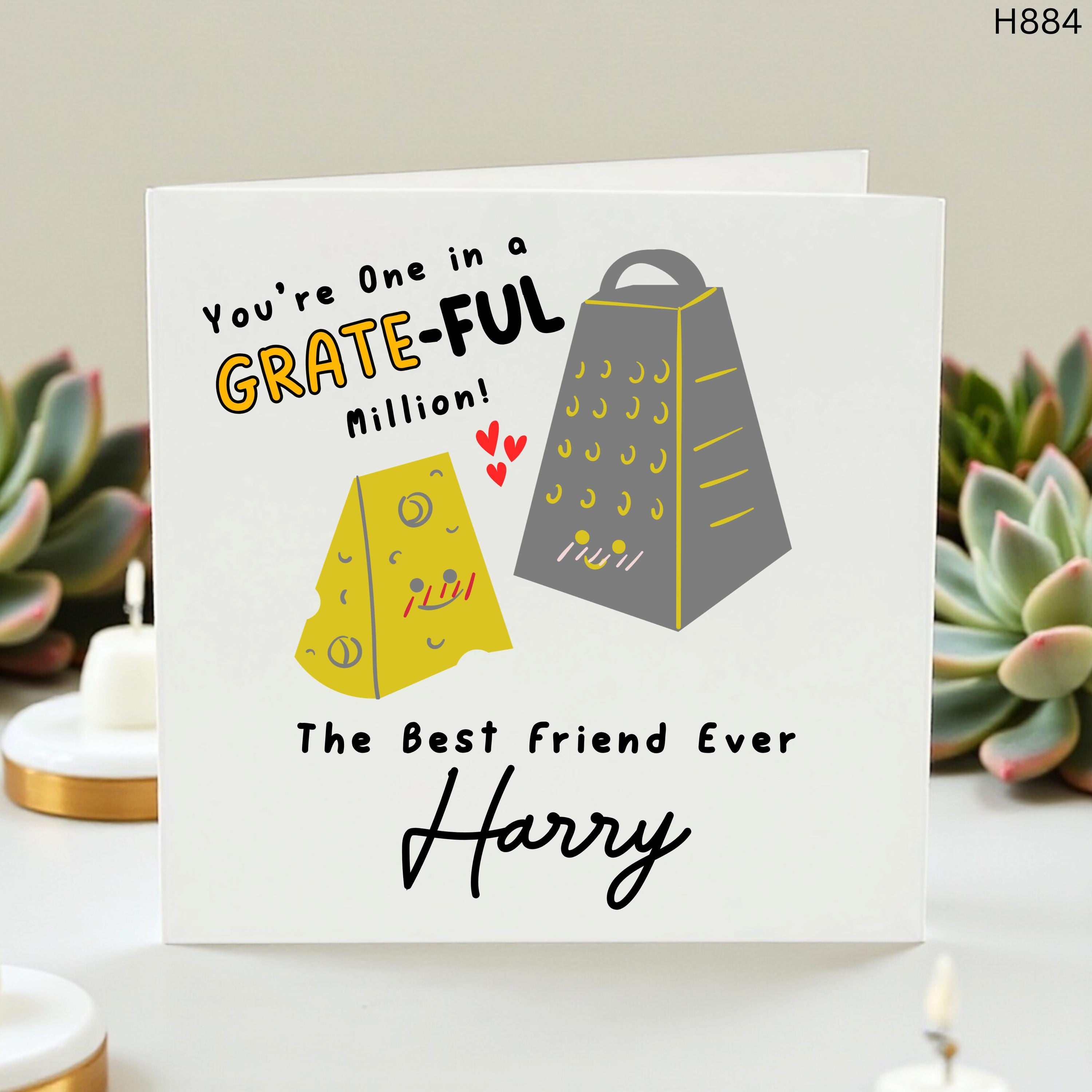 Funny Best Friend Birthday Card, Personalized Grate-ful Million Cheese Pun Greeting Card, Cute Birthday Gift for Bestie, Custom Name Card