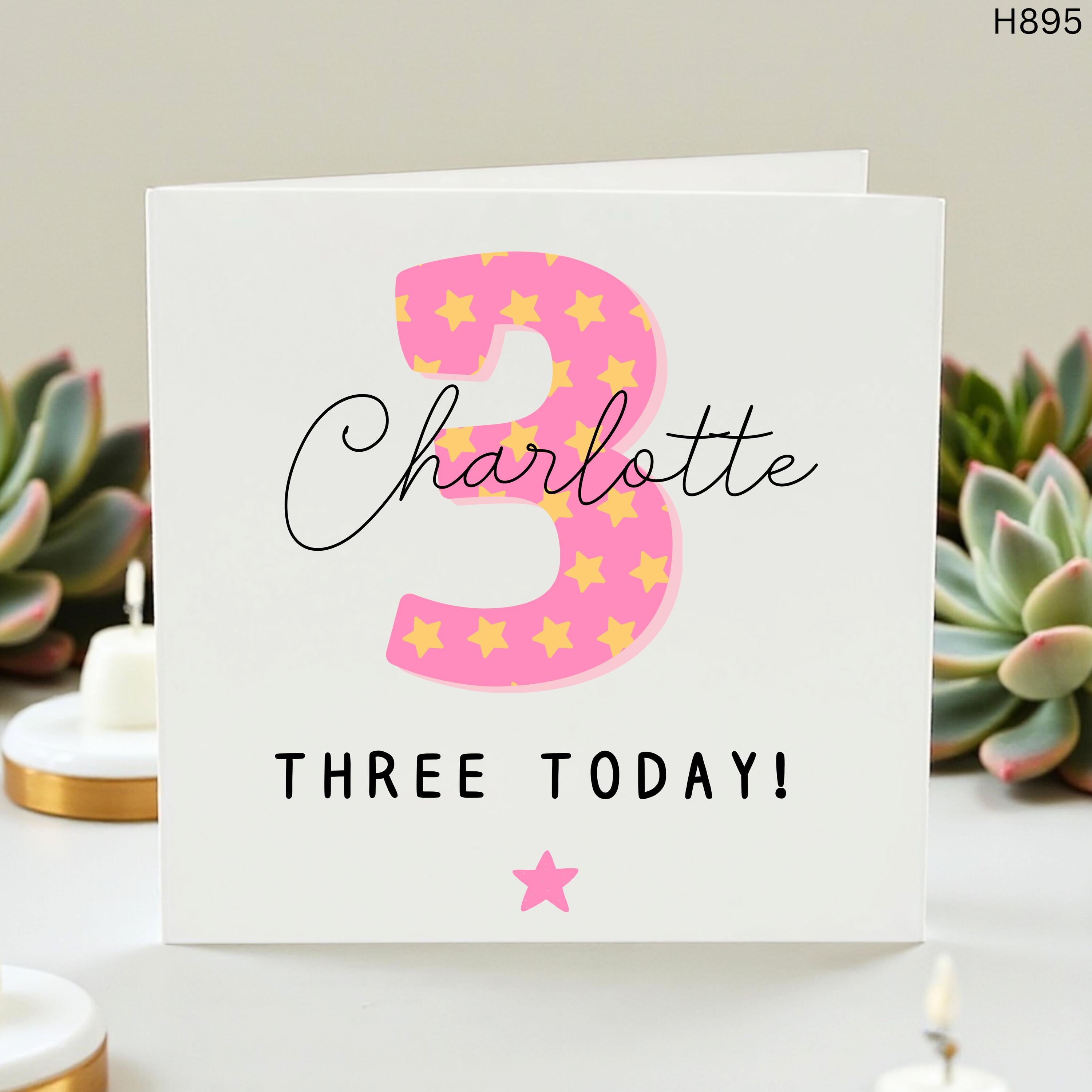 Personalized 3rd Birthday Card for Girl, Custom Name Card Three Today, Pink Star Birthday Card for Daughter, Niece 3rd Birthday Gift,Toddler