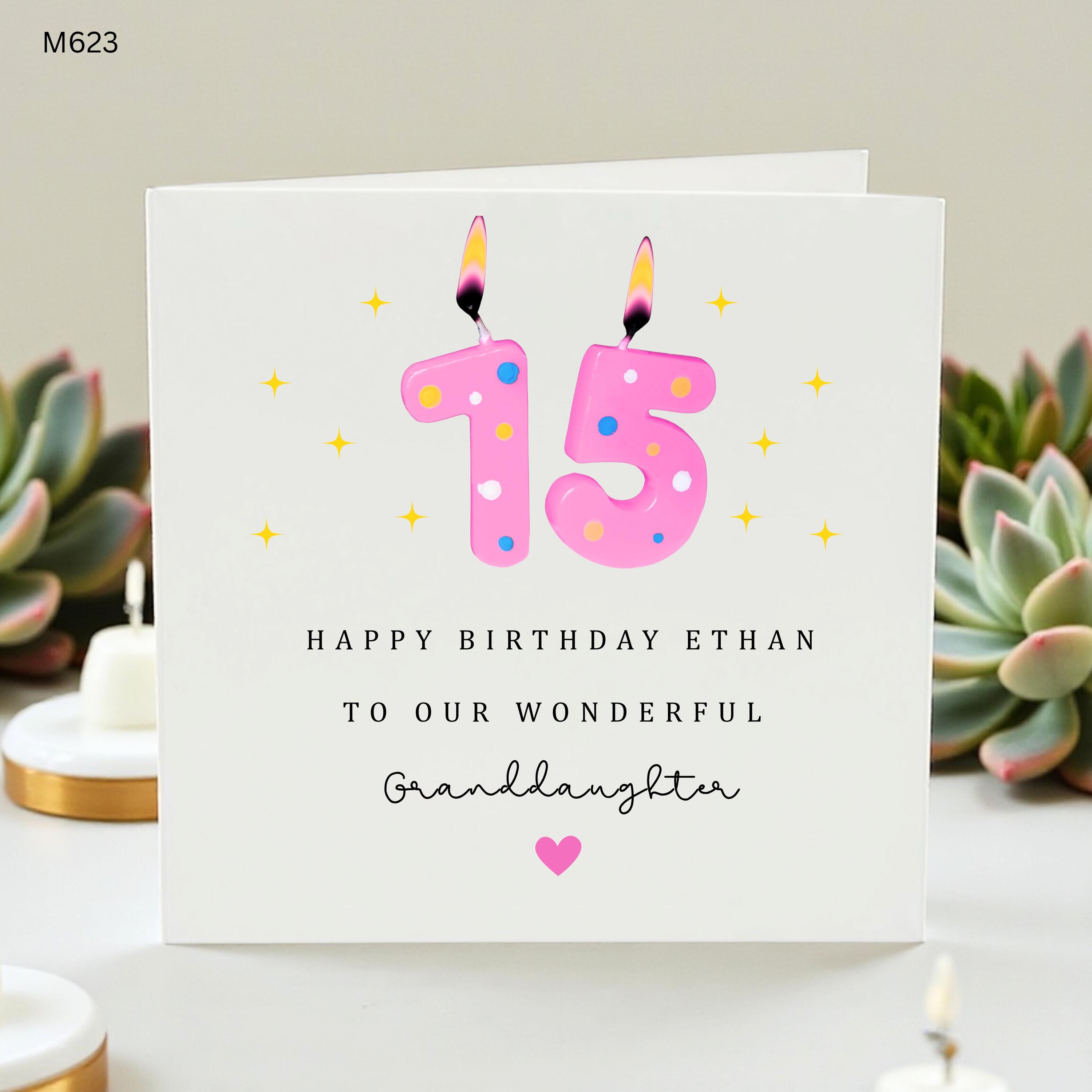 Personalized 15th Birthday Card for Granddaughter Custom Name 15 Birthday Greeting Card From Grandparents Cute Pink Candle Card for Her