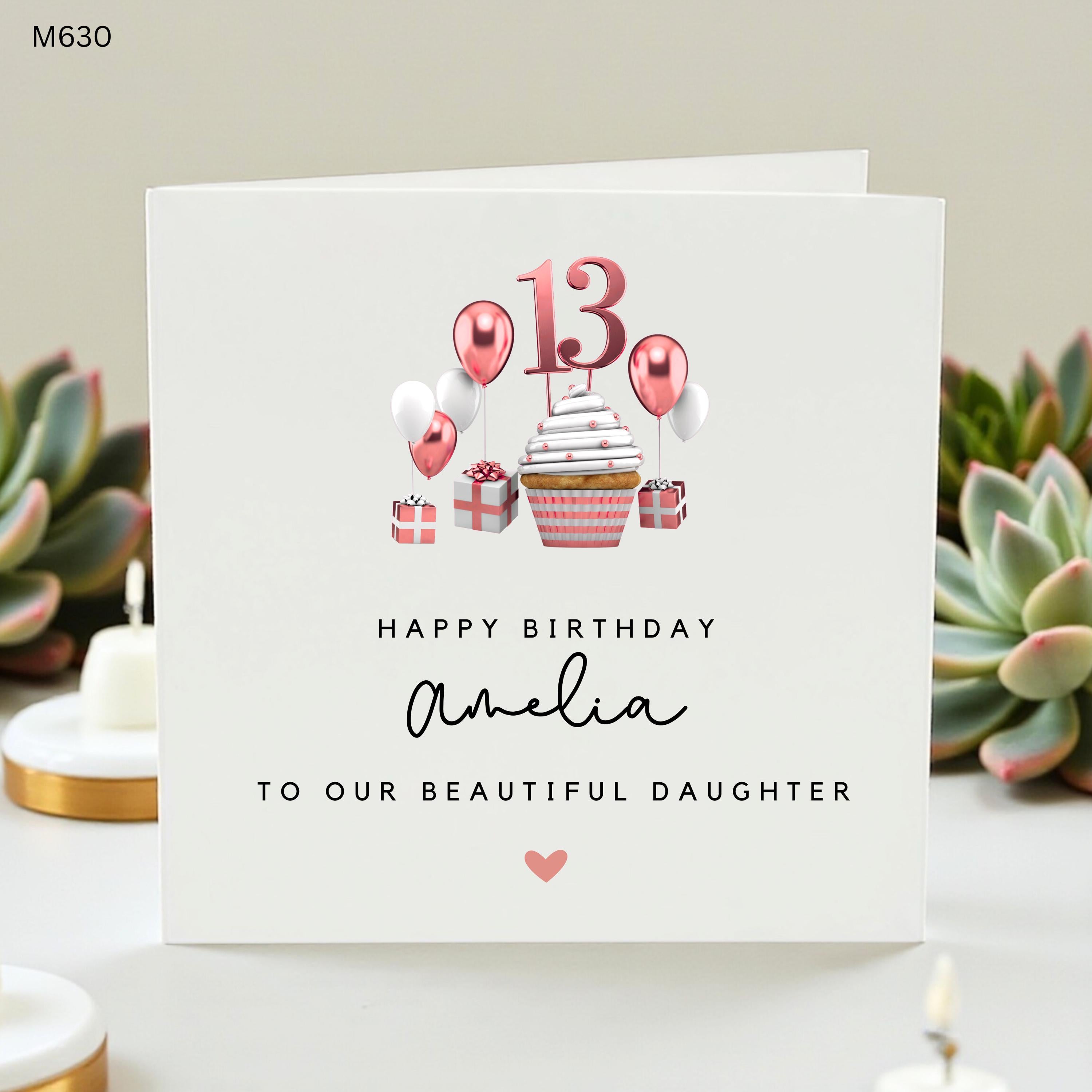 Personalised 13th Birthday Card Daughter, Custom Name Birthday Card, Rose Gold Birthday Card for Her, Teenager Birthday Card, Cute Card