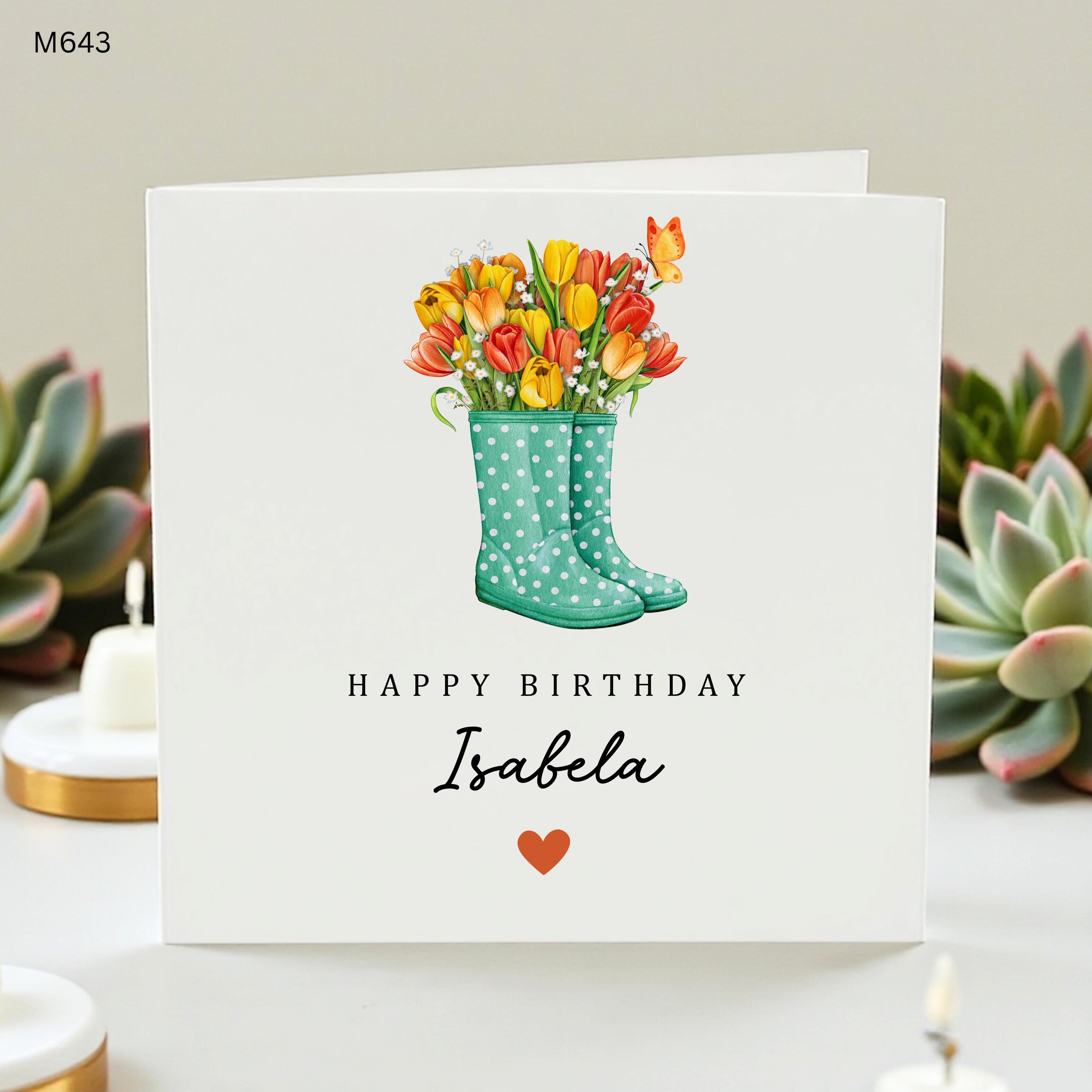 Personalized Birthday Card, Custom Name Floral Card for Her, Watercolor Tulip Wellies Greeting Card, Garden Lover Birthday Gifts