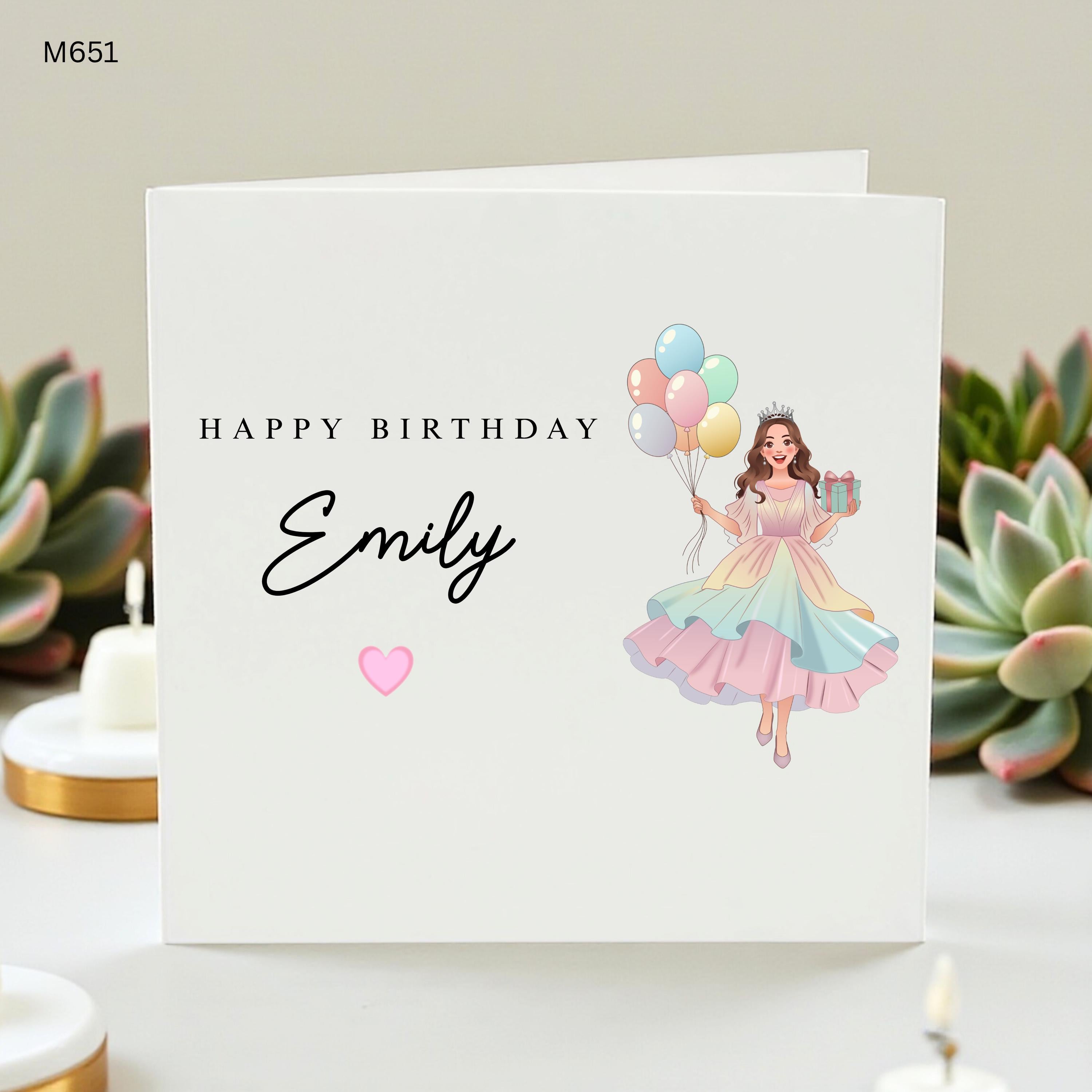 Personalised Birthday Card for Her, Custom Name Card Emily, Princess Birthday Card Daughter, Cute Girl Card Balloons, Special Friend Card