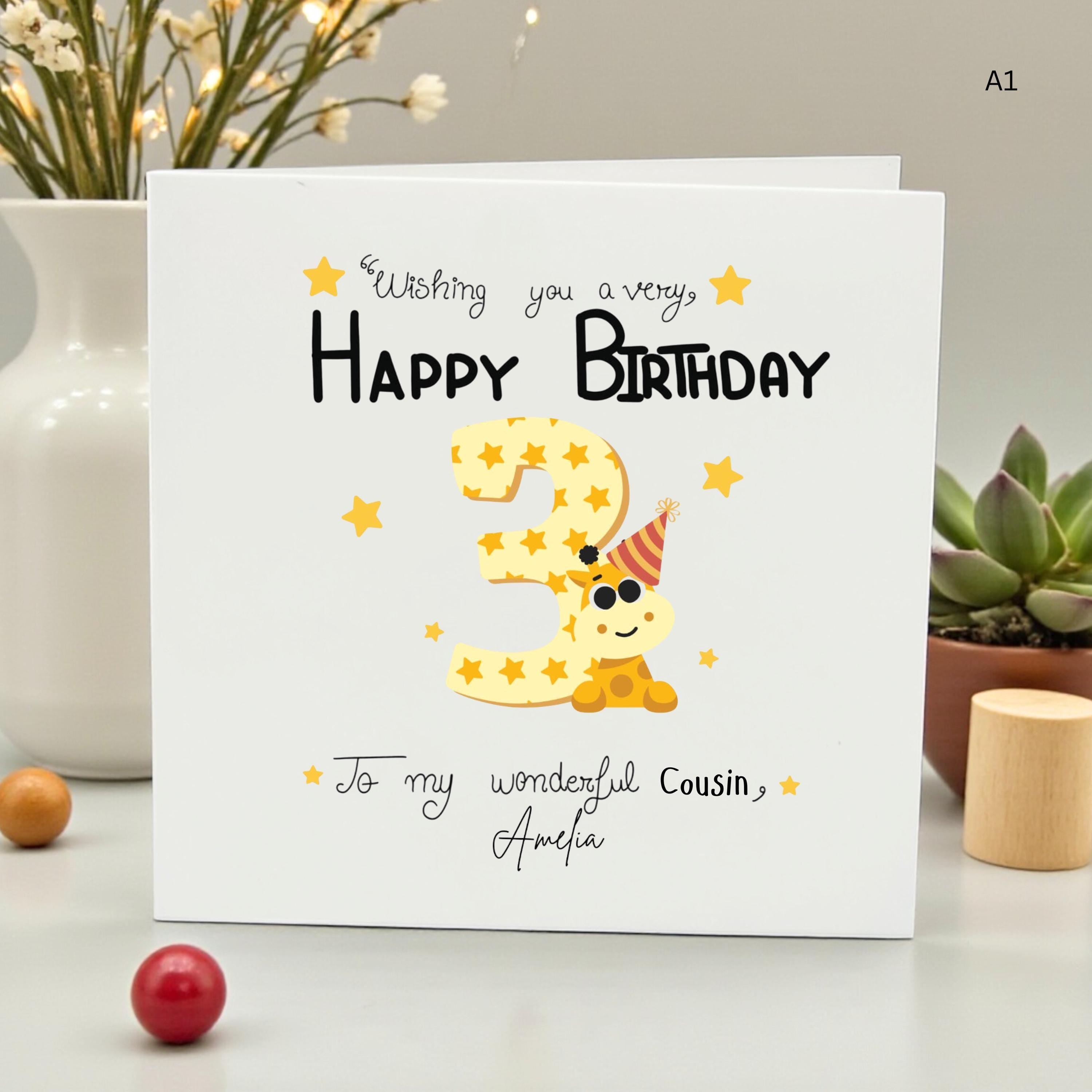 Personalized 3rd Birthday Card for Cousin Amelia, Cute Giraffe Custom Third Birthday Card, 3 Year Old Girl Card, Yellow Stars Theme