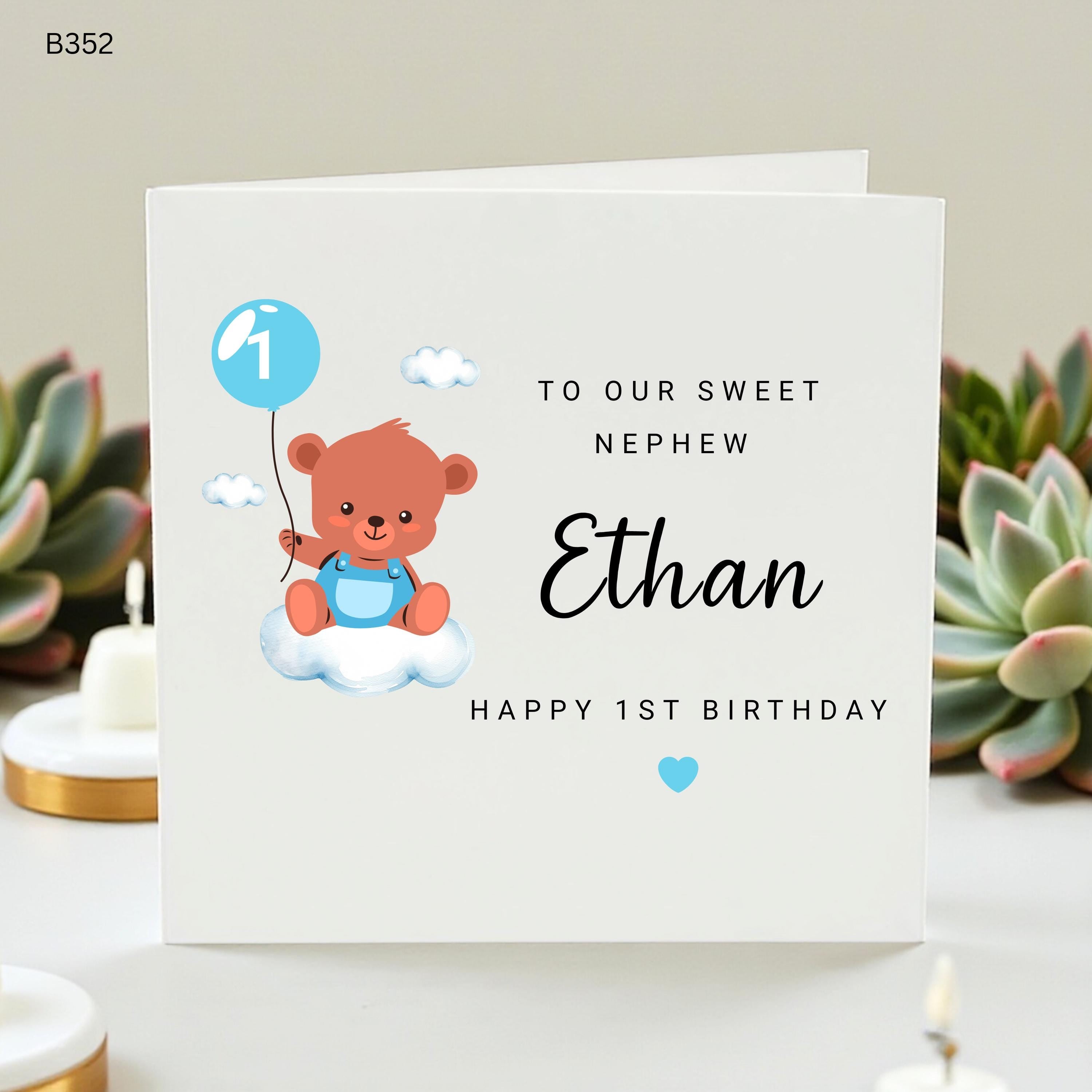 Personalized 1st Birthday Card Nephew Ethan Custom First Birthday Cards for Boy Cute Teddy Bear Blue Balloon Card