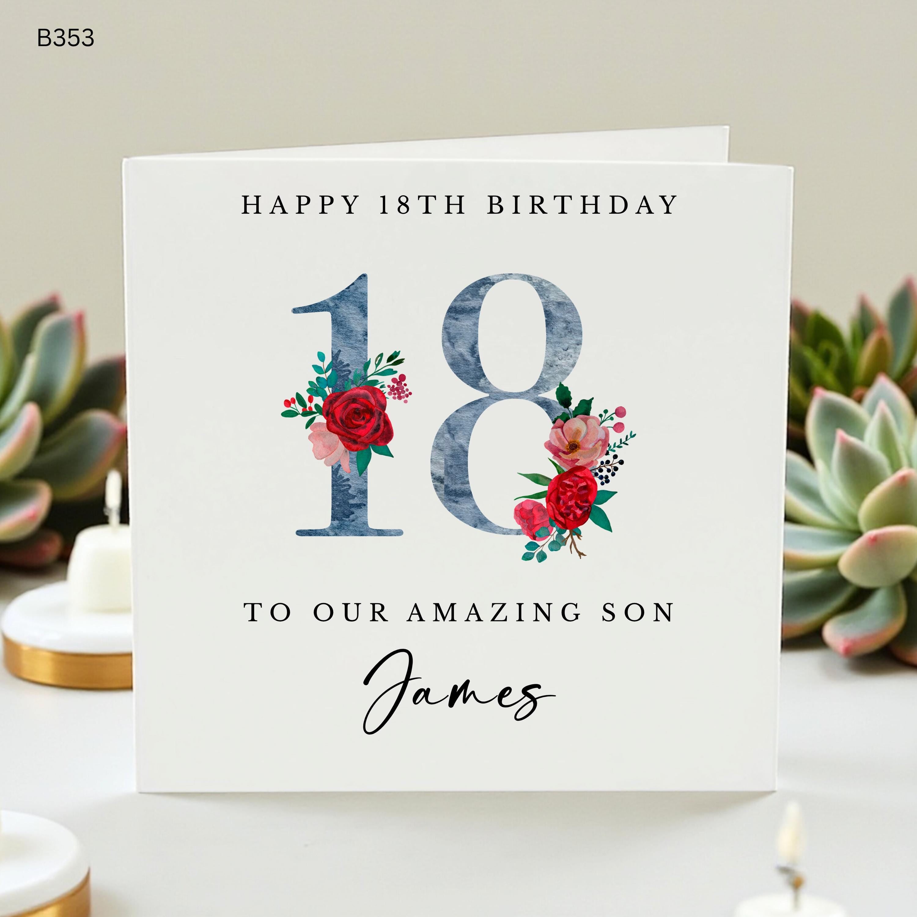 Personalized 18th Birthday Card Son Custom Eighteenth Birthday Cards for Him Male Floral Number Blue Watercolor Keepsake Card