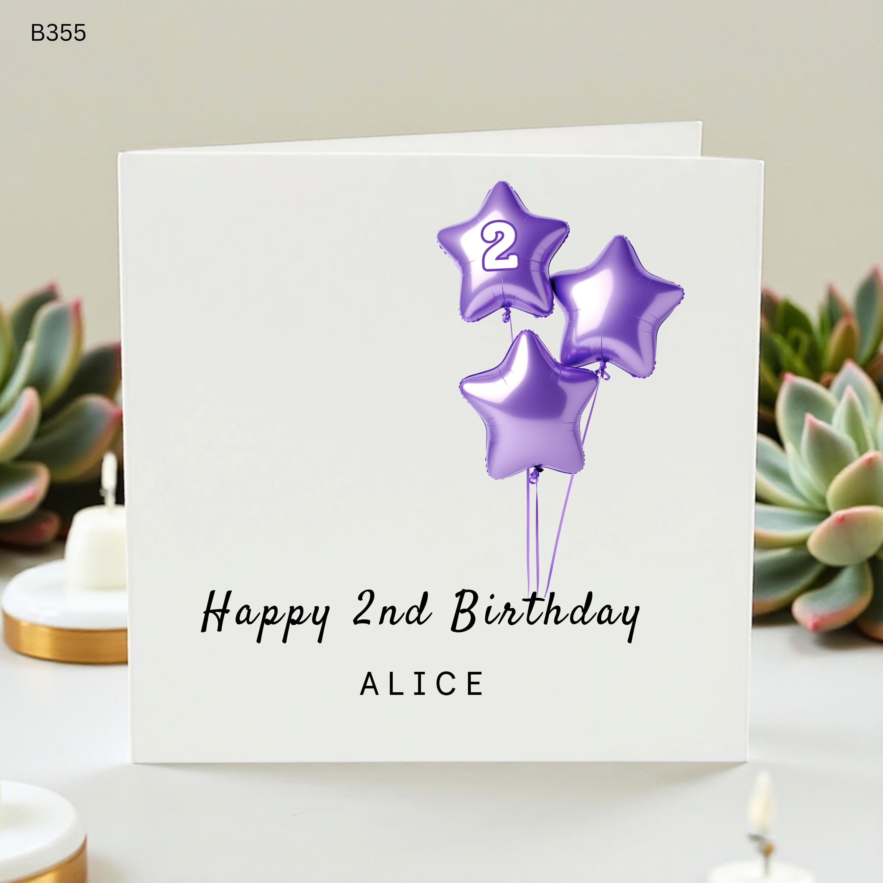 Personalized 2nd Birthday Card Alice Custom Second Birthday Cards for Daughter Granddaughter Girl Purple Star Balloons Card